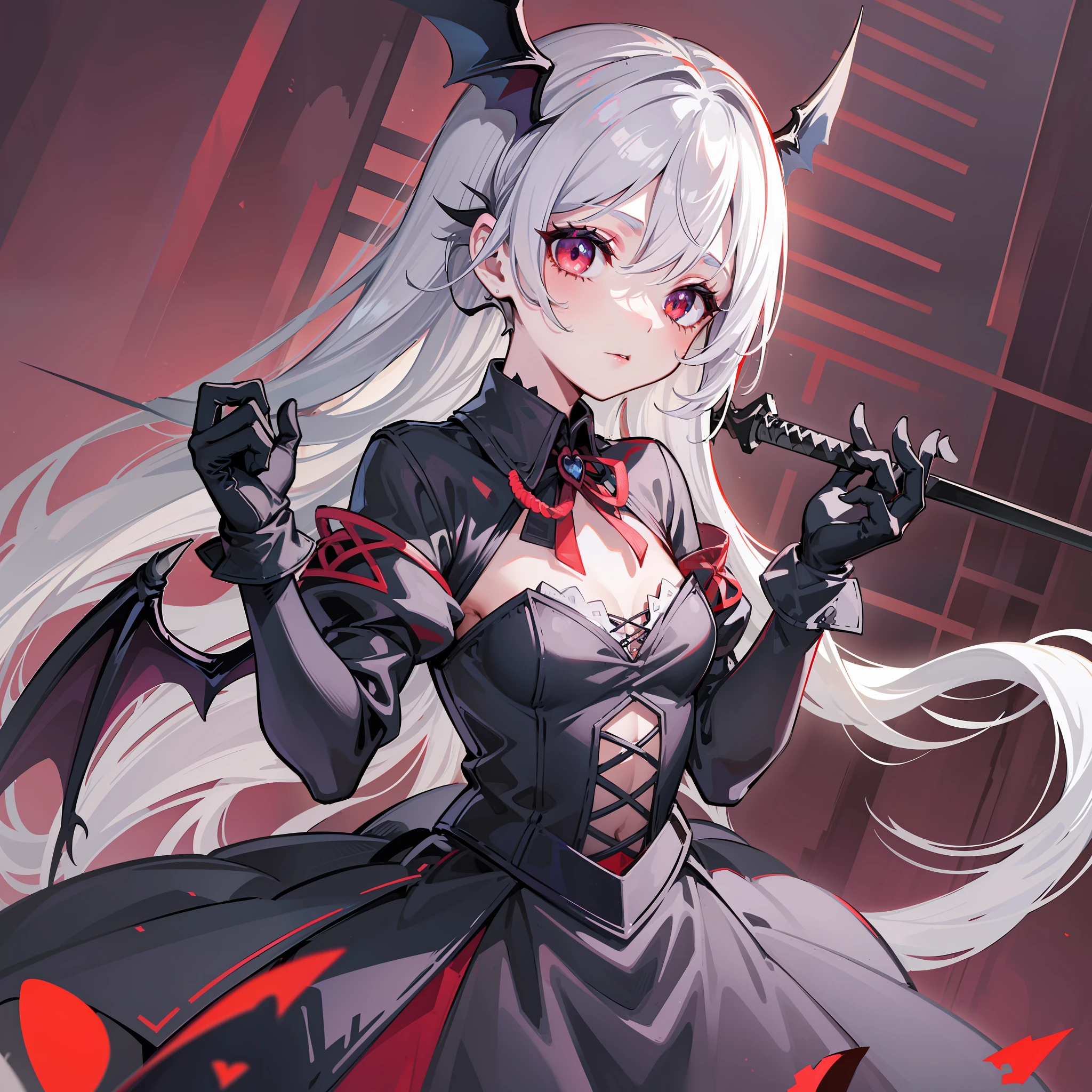 (Perfect Infinite Detail HD CG: 1.2), black dress close-fitted, small  vampire (bat wings: 1.1, black bat hairpin, wearing gloves), holding a long sword, white hair, red pupils, fresh and capable