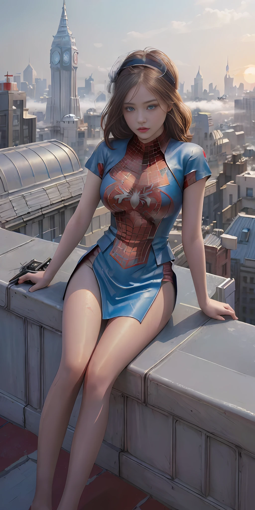 (1girl:1.3), Solo, (((Very detailed face)))), ((Very detailed eyes and face)))), Beautiful detail eyes, Body parts__, Official art, Unified 8k wallpaper, Super detailed, beautiful and beautiful, beautiful, masterpiece, best quality, original, masterpiece, super fine photo, best quality, super high resolution, realistic realism, sunlight, full body portrait, amazing beauty, dynamic pose, delicate face, vibrant eyes, (from the front), She wears Spider-Man suit, red and black color scheme, spider, very detailed city roof background, rooftop, overlooking the city, detailed face, detailed complex busy background, messy, gorgeous, milky white, highly detailed skin, realistic skin details, visible pores, clear focus, volumetric fog, 8k uhd, DSLR, high quality, film grain, fair skin, photo realism, lomography, futuristic dystopian megalopolis, translucent