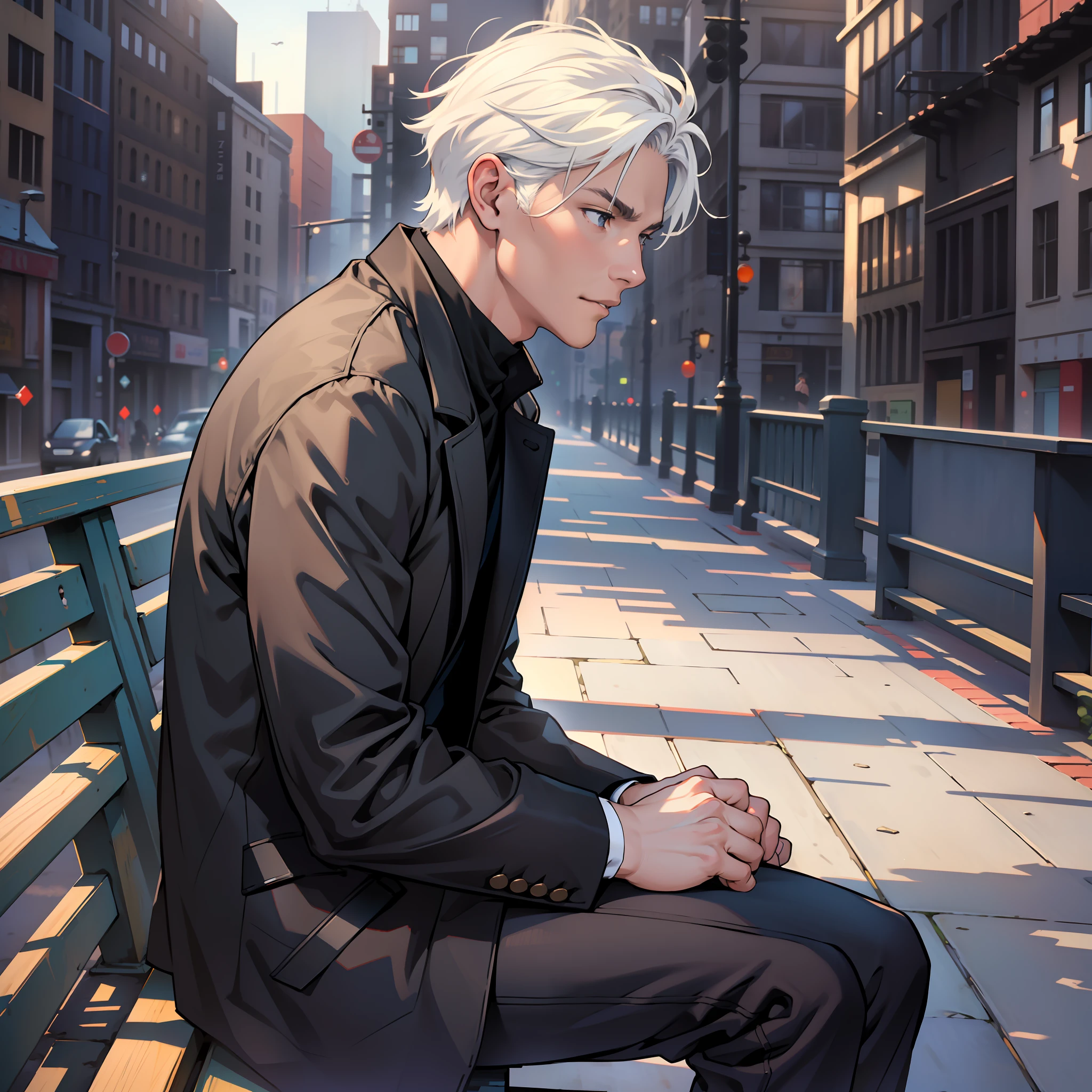 ((realistic: 1.5)),((best quality)), ((masterpiece)),((detailed)), man in profile, young, white-haired, short, in black coat, sitting on bench in square