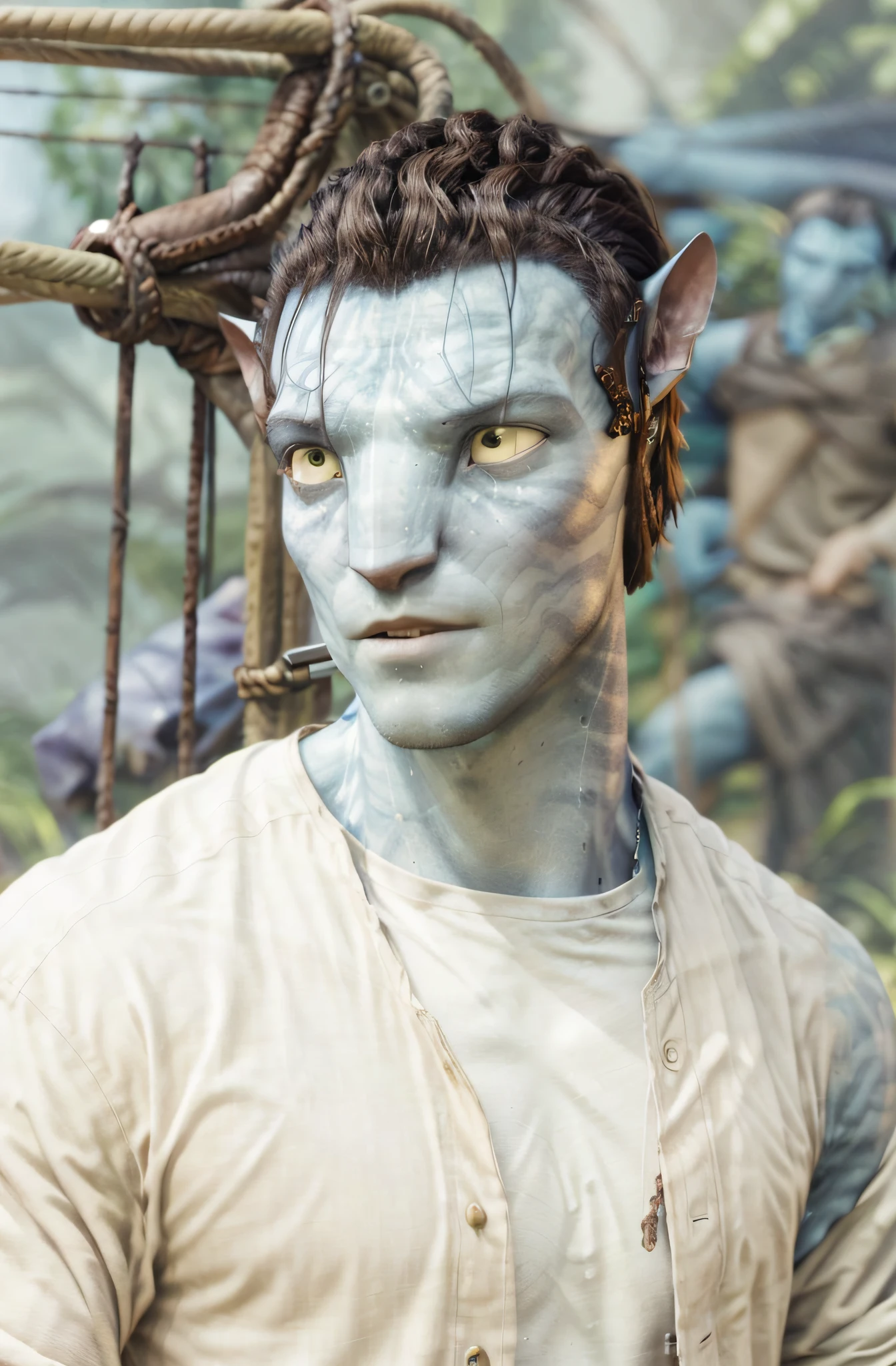 HD, (Best Detail) (Best Quality), There is a man standing by the fence holding a mobile phone, ((Avatar style)), (((Blue skin))), AOA, Na'vi, good looking face