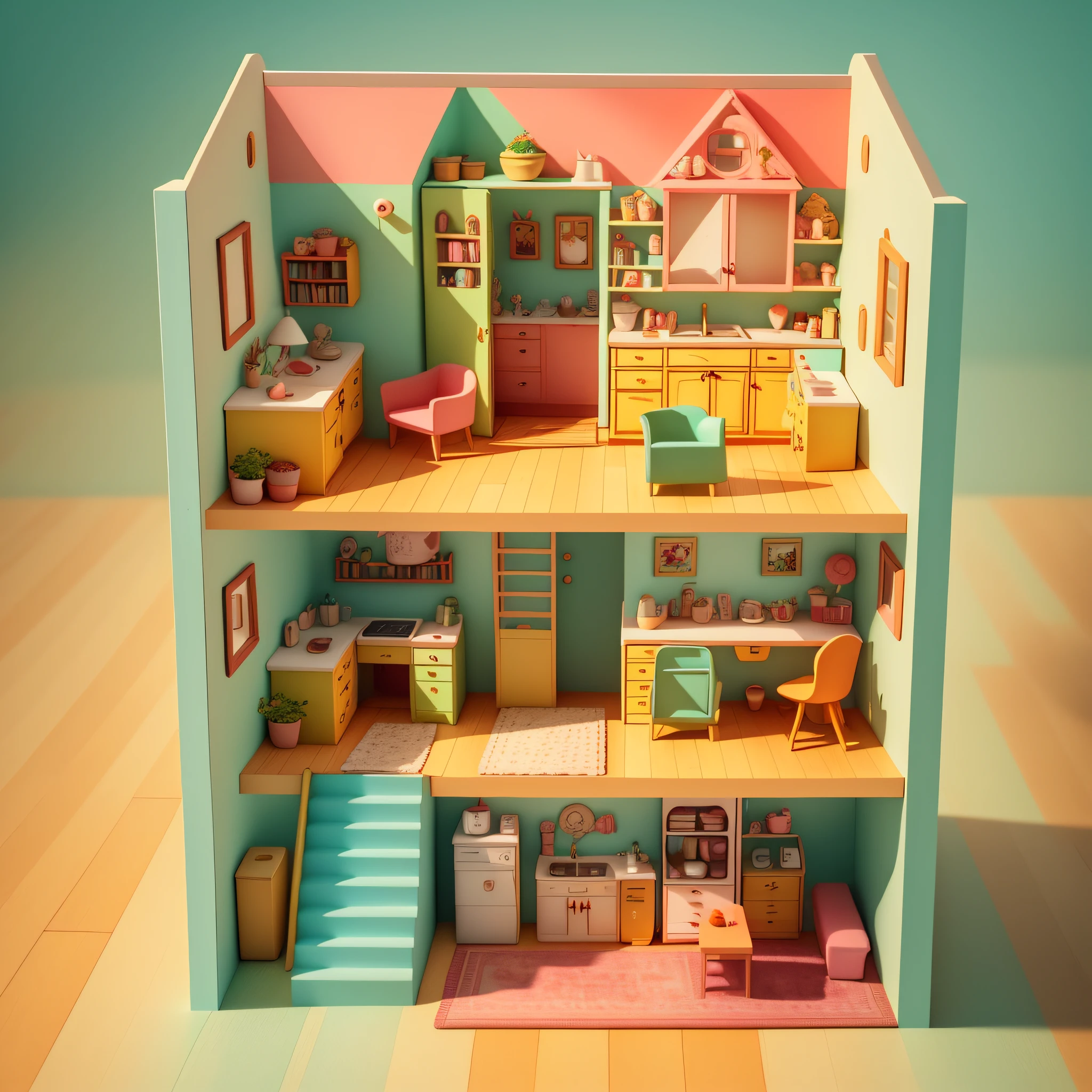 Small and warm close-up of the interior of the dollhouse, there are many beds and desks, 3D fantasy rendering is vivid and cute, vibrant warm living room, Atey Ghailan style isometric illustration leisurely, Atey Ghailan 8K ultra-clear picture, warm color scheme gives artistic interpretation, perfect isometric house with warm theme.