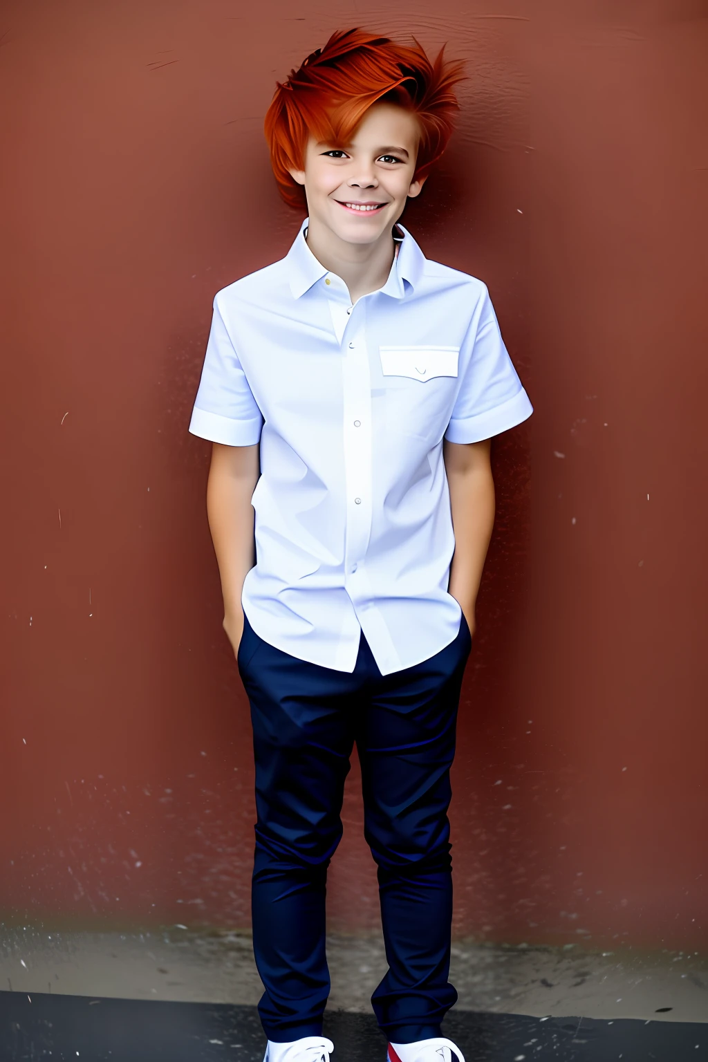 a boy with red hair, with electrical powers, with a navy blue jacket with a white shirt underneath, brown pants, and jordan sneakers