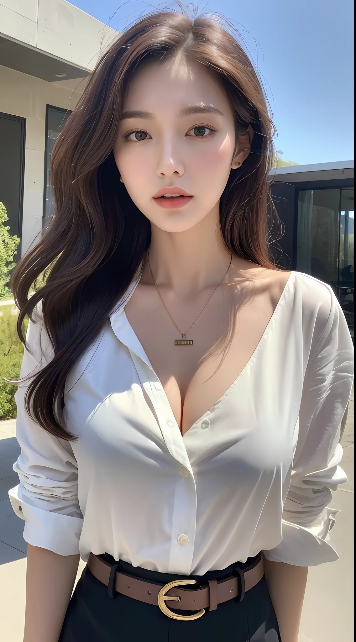 (Best quality, High resolution, Masterpiece :1.3), A tall and pretty woman, Slender abs, Dark brown hair styled in loose waves, Breasts, Wearing pendant, White button up shirt, Belt, Black skirt, (Modern architecture in background), Details exquisitely rendered in the face and skin texture, Detailed eyes, Double eyelid