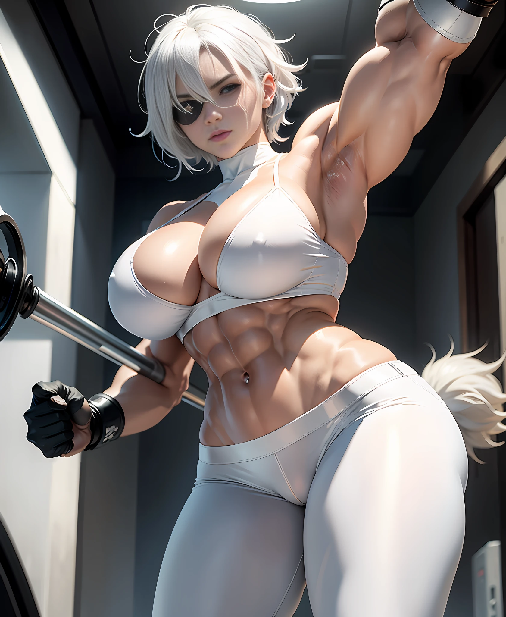 anime - style drawing of a woman with white hair and a white bra top and white pants, short messy hair, eyepatch,one eye covered,muscular! white, commission for high res, muscular girl, muscular!!, oc commission, muscular!! sci-fi, strong pose, most strongest pose, thicc, super buff and cool, 2 b, 2b, (sfw) safe for work, sfw version, feminine and muscular