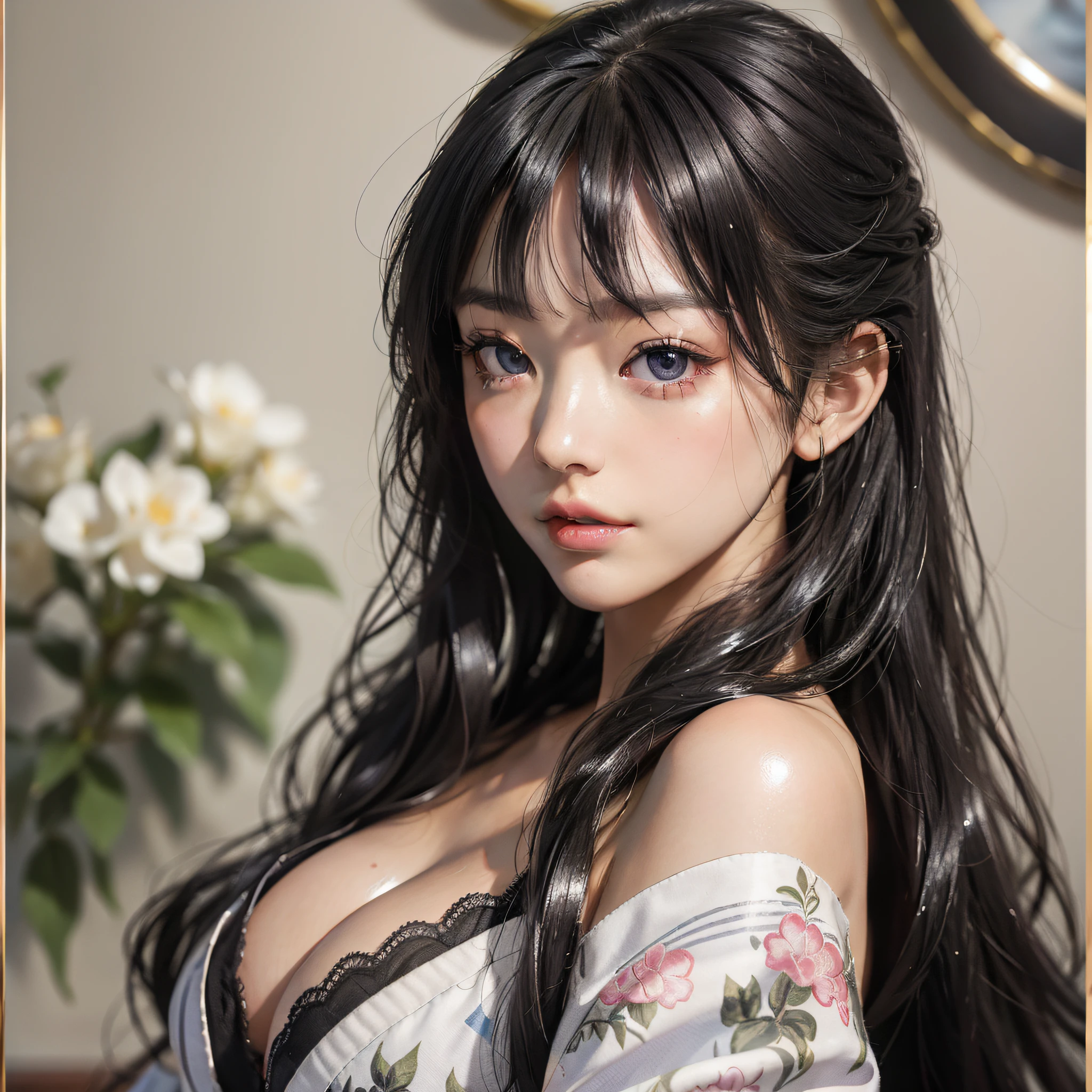 classic, (impasto), (photorealistic: 1.3), (painting), (realistic:1.3), (sketch), portrait, world masterpiece theater, 1 Japanese girl, ((long white hair, black eyes, wide eyes, bangs, long eyelashes, lipstick: 1.3, most detailed)), (bright eyes, Eye reflex, blush: 2), ((((shiny skin: 2))))), (printed kimono, exposed cleavage, exposed shoulders, side shot, upper body close-up, looking to the camera), ((medium breasts): 1.2), solo focus, indoor background, background blur