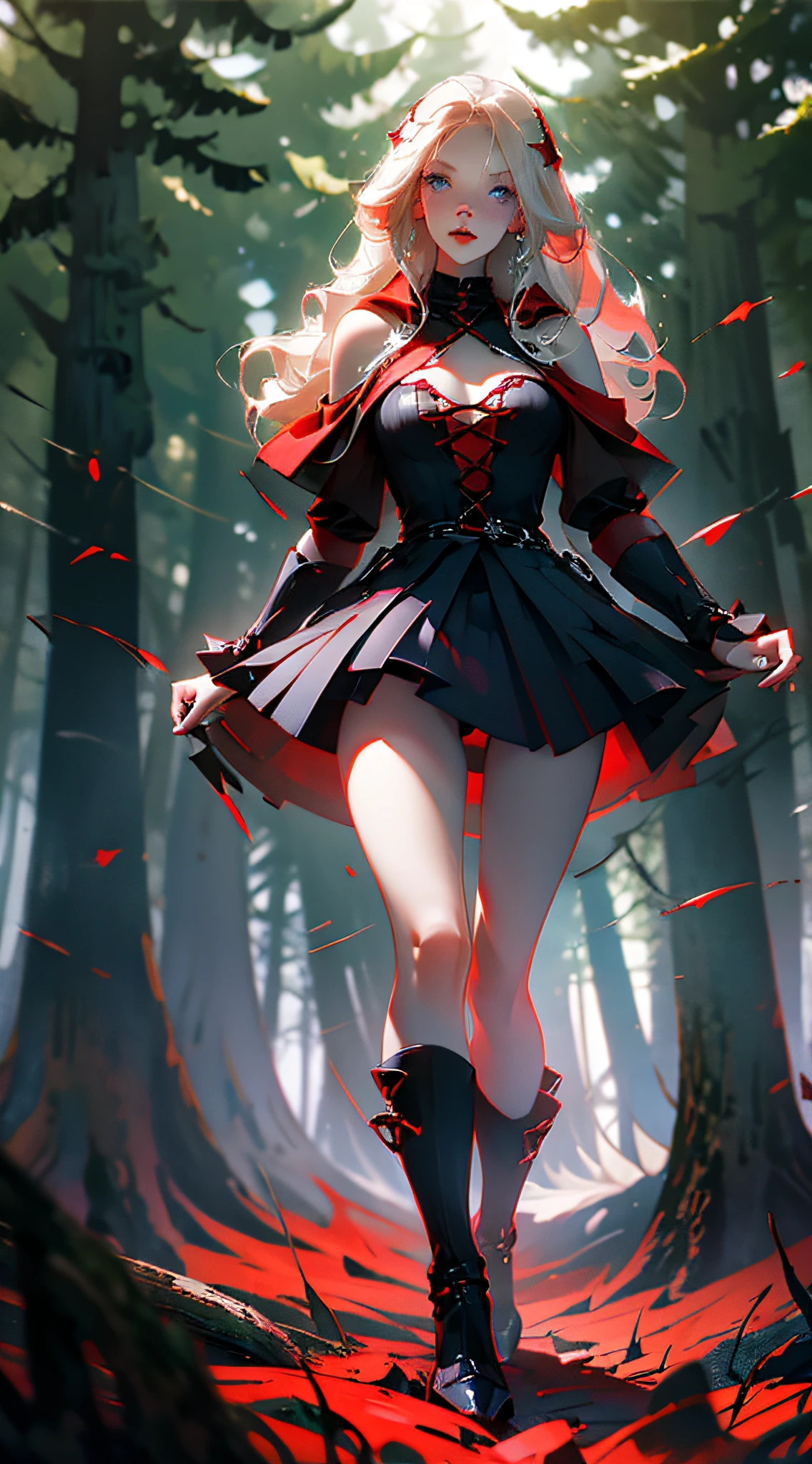 Little Red Riding Hood Blonde Hair, Blue Eyes, Pale Face, Dark Look, Gothic Style, Red Bikini Dress, Full Body, Stepping on Blood, In a Dark Dead Forest, Rendered 3D Image, High Quality, Well Detailed --auto --s2