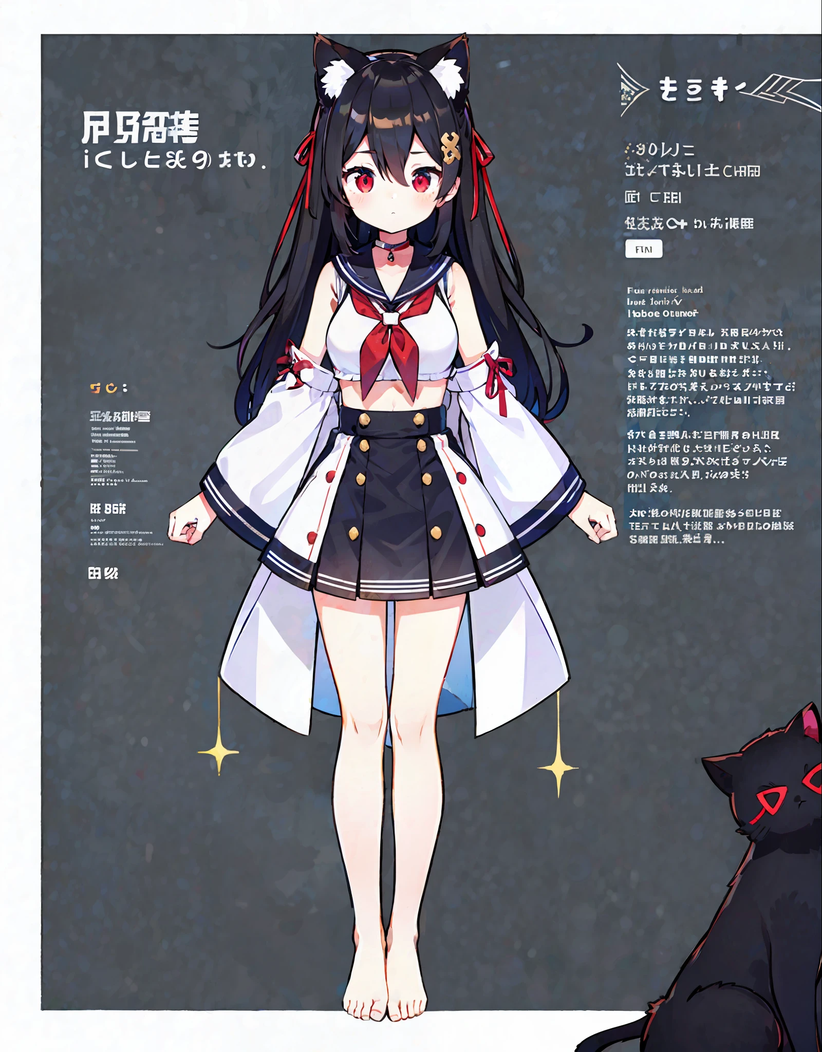 girl,cat ears ,medium boobs ,black hair ,red eyes ,long hair ,red hairpin ,messy hair,hair between eyes ,(vtuber halfbody ,standing ,bare shoulders ,bare feet ,bare legs ,sailors shirt)