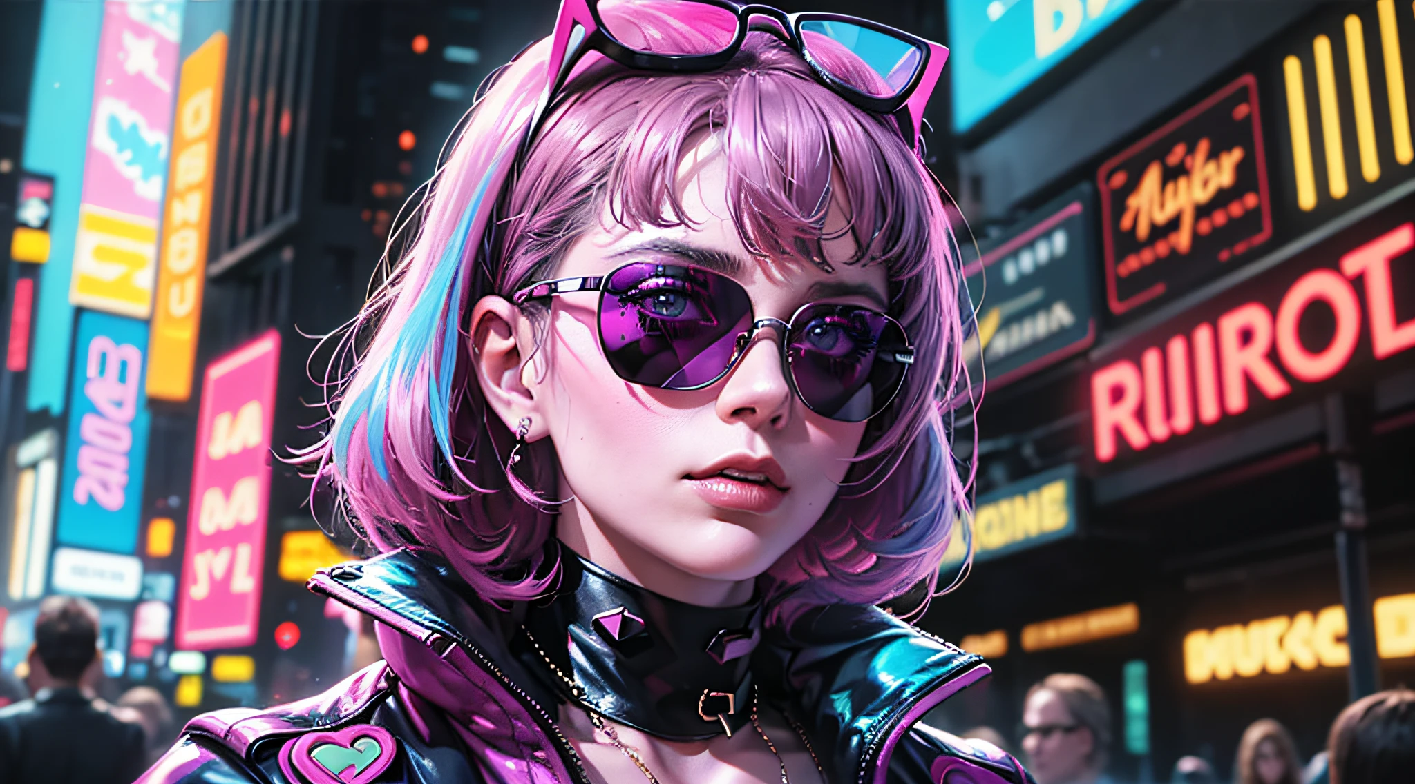 a woman in a disco outfit and sunglasses stands in front of a crowd, 8 0 s neon movie still, neon operator margot robbie, music video, blade runner vibes, woman with rose tinted glasses, retro-wave vibes, unreal engine : : rave makeup, in style of petra collins, neon lenses, gucci glasses, cyberpunk high fashion, cyberpunk eye wear