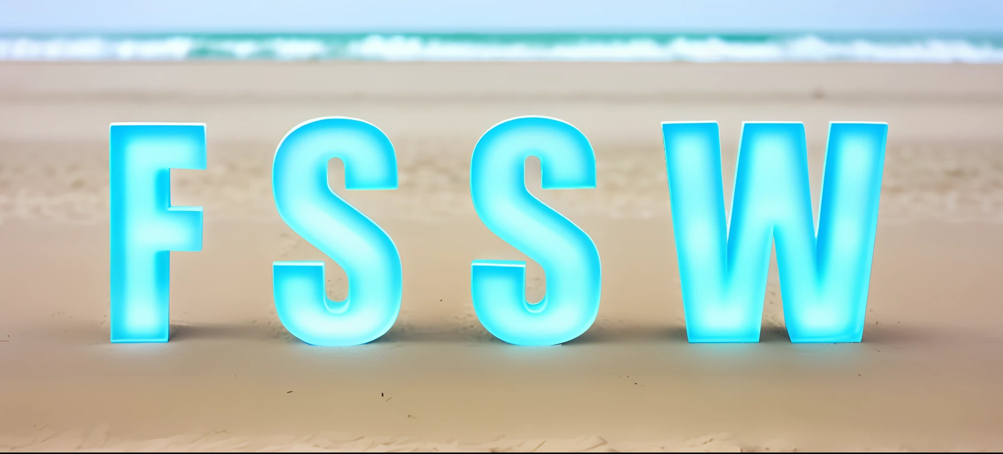 带有单词FSSW的黑白徽标的特写,ssense,带徽标的标题,苏联波,Four letters, FSSW, they made by water. On the beach, the sea. Letter is water or ice