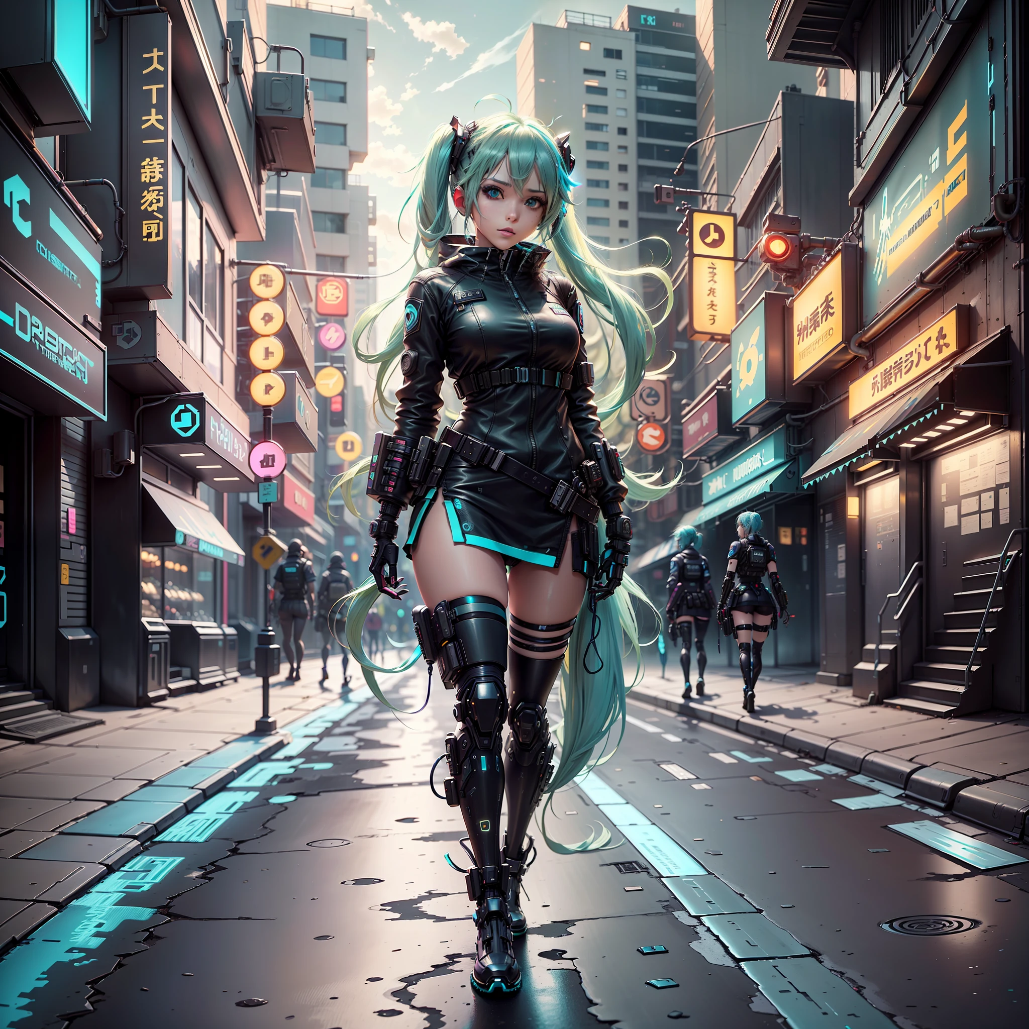 woman in police uniform walking down a street, Hatsune Miku cosplay, female cyberpunk anime girl, cyberpunk anime, cyberpunk anime girl, anime cosplay, cyberpunk girl, anime girl in real life, cyberpunk streets in, cyberpunk style, cyberpunk outfit, has cyberpunk style, oppai cyberpunk, full cosplay --auto --s2