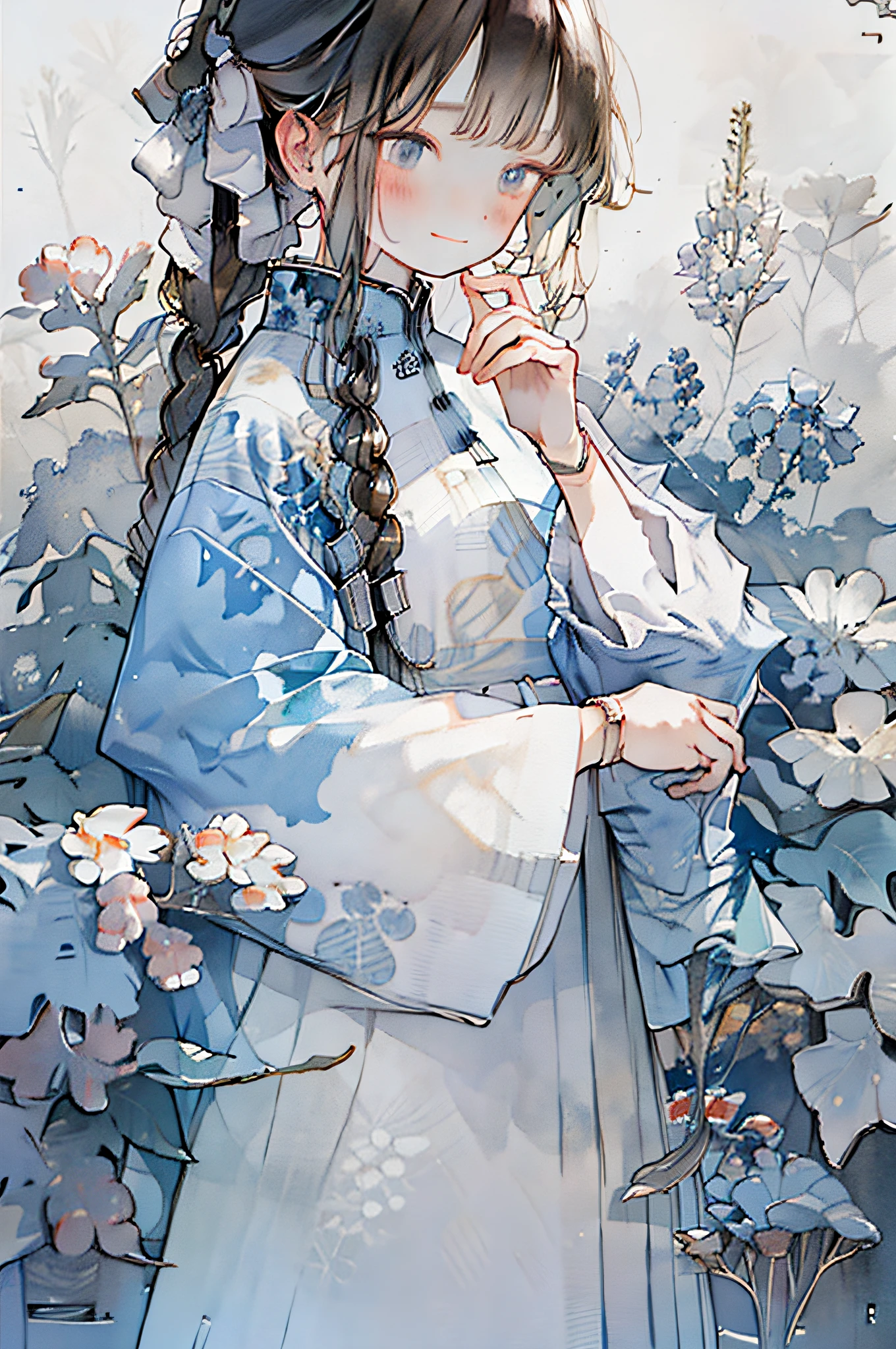 1girl, solo, braid, jewelry, blush, earrings, flower, bangs, floral print, looking at viewer, smile, long hair, long sleeves, floral background, upper body, dress, watch, bracelet, puffy sleeves, wristwatch, black hair, hair over shoulder, single braid, ribbon, white flower, hair ribbon, closed mouth, hand up, braided ponytail, chinese clothes, white dress, blue dress, hand on own chin, traditional media, brown hair