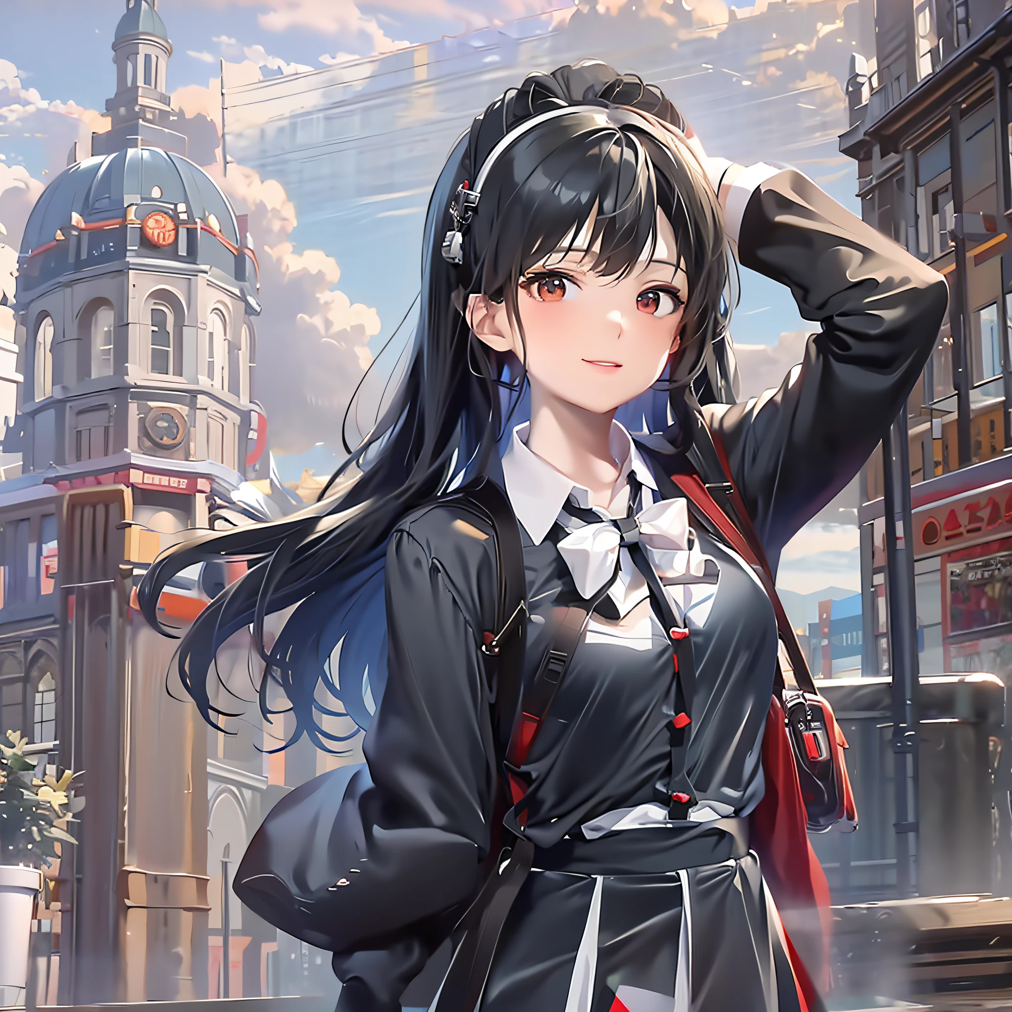 anime girl with long black hair and white shirt and bags, beautiful anime high school girl walking on the road, smooth anime CG art, young anime girl, anime visual of cute girl, guvez style artwork, portrait of anime girl, attractive anime girl, girl front style, long hair anime girl, portrait anime girl, anime girl