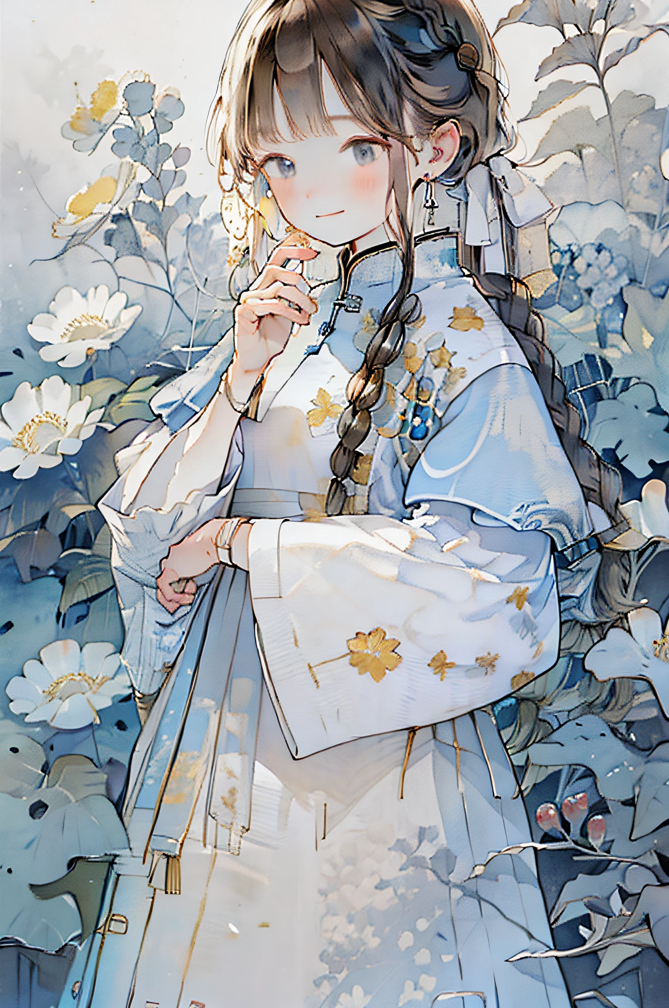 1girl, solo, braid, jewelry, blush, earrings, flower, bangs, floral print, looking at viewer, smile, long hair, long sleeves, floral background, upper body, dress, watch, bracelet, puffy sleeves, wristwatch, black hair, hair over shoulder, single braid, ribbon, white flower, hair ribbon, closed mouth, hand up, braided ponytail, chinese clothes, white dress, blue dress, hand on own chin, traditional media, brown hair