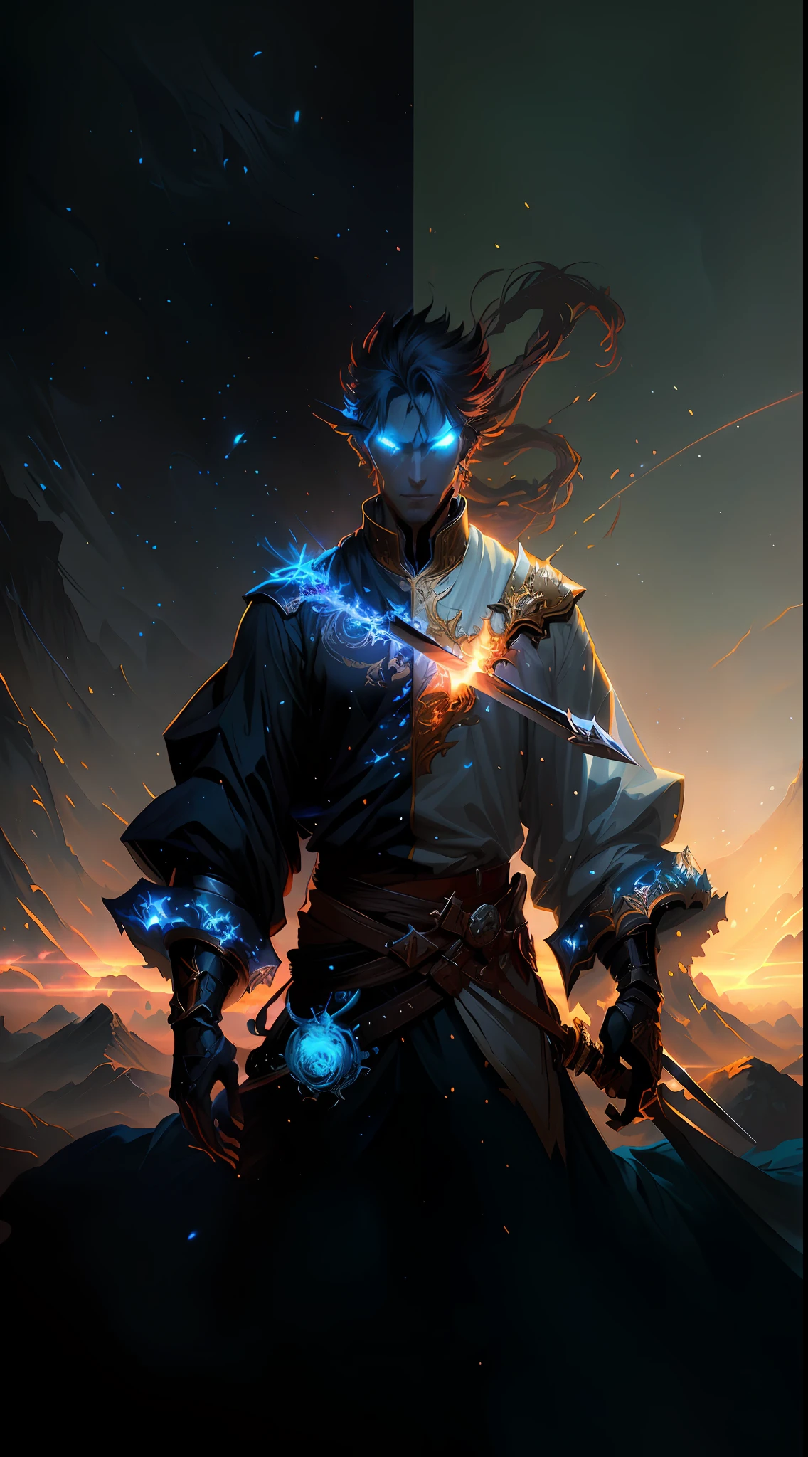 anime - style illustration of a man with a sword and a glowing head, epic fantasy digital art style, in the art style of mohrbacher, epic digital art illustration, mohrbacher, epic fantasy art style, detailed digital 2d fantasy art, digital 2d fantasy art, epic fantasy style art, peter mohrbacher style, epic fantasy sci fi illustration