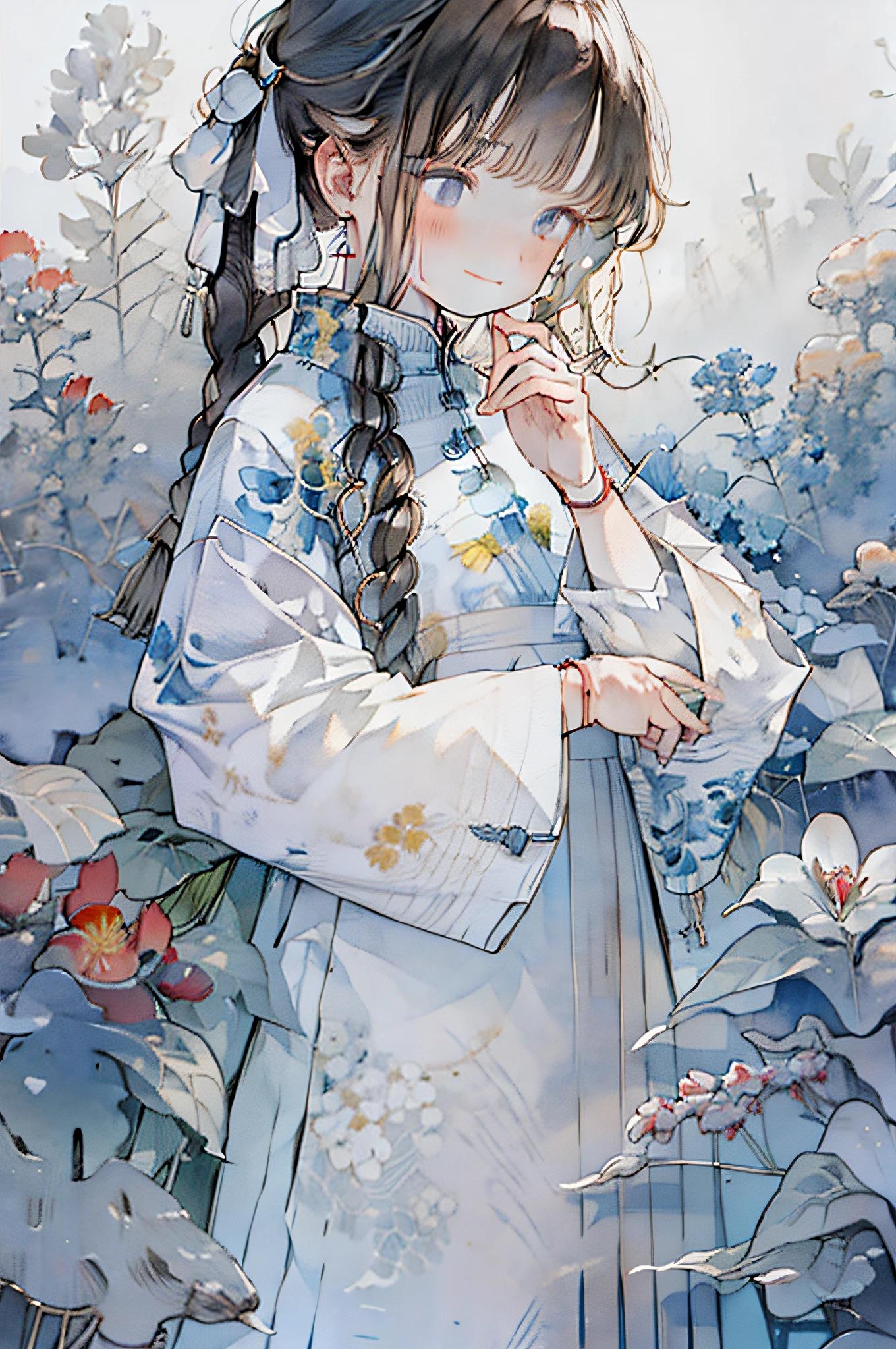 1girl, solo, braid, jewelry, blush, earrings, flower, bangs, floral print, looking at viewer, smile, long hair, long sleeves, floral background, upper body, dress, watch, bracelet, puffy sleeves, wristwatch, black hair, hair over shoulder, single braid, ribbon, white flower, hair ribbon, closed mouth, hand up, braided ponytail, chinese clothes, white dress, blue dress, hand on own chin, traditional media, brown hair