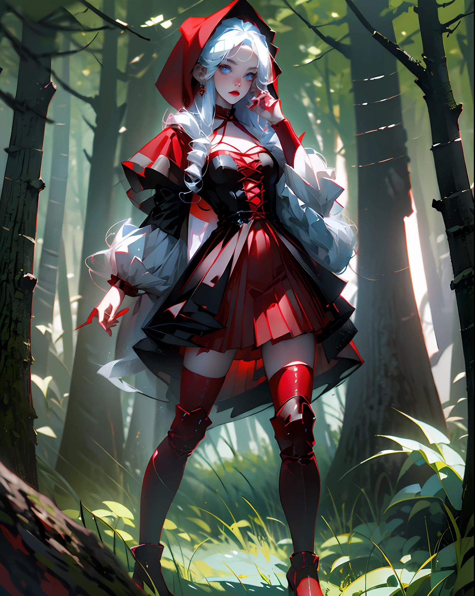Little Red Riding Hood Blonde Hair, Blue Eyes, Pale Face, Dark Look, Gothic Style, Red Bikini Dress, Full Body, Stepping on Blood, In a Dark Dead Forest, Rendered 3D Image, High Quality, Well Detailed --auto --s2
