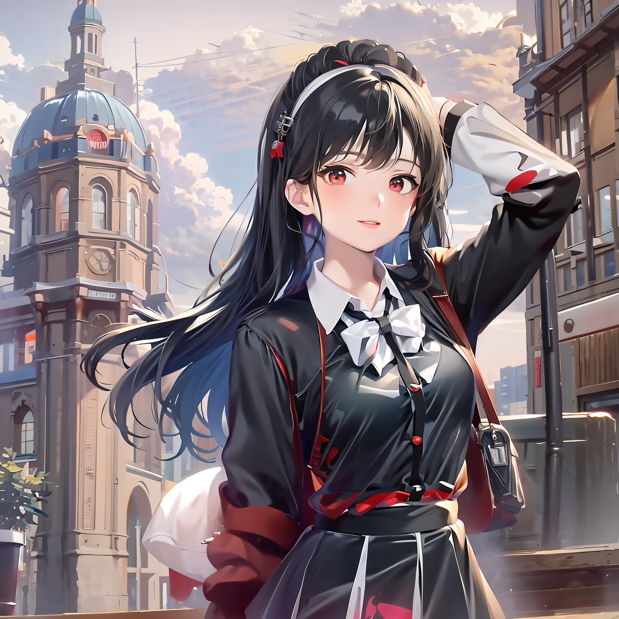anime girl with long black hair and white shirt and bags, beautiful anime high school girl walking on the road, smooth anime CG art, young anime girl, anime visual of cute girl, guvez style artwork, portrait of anime girl, attractive anime girl, girl front style, long hair anime girl, portrait anime girl, anime girl