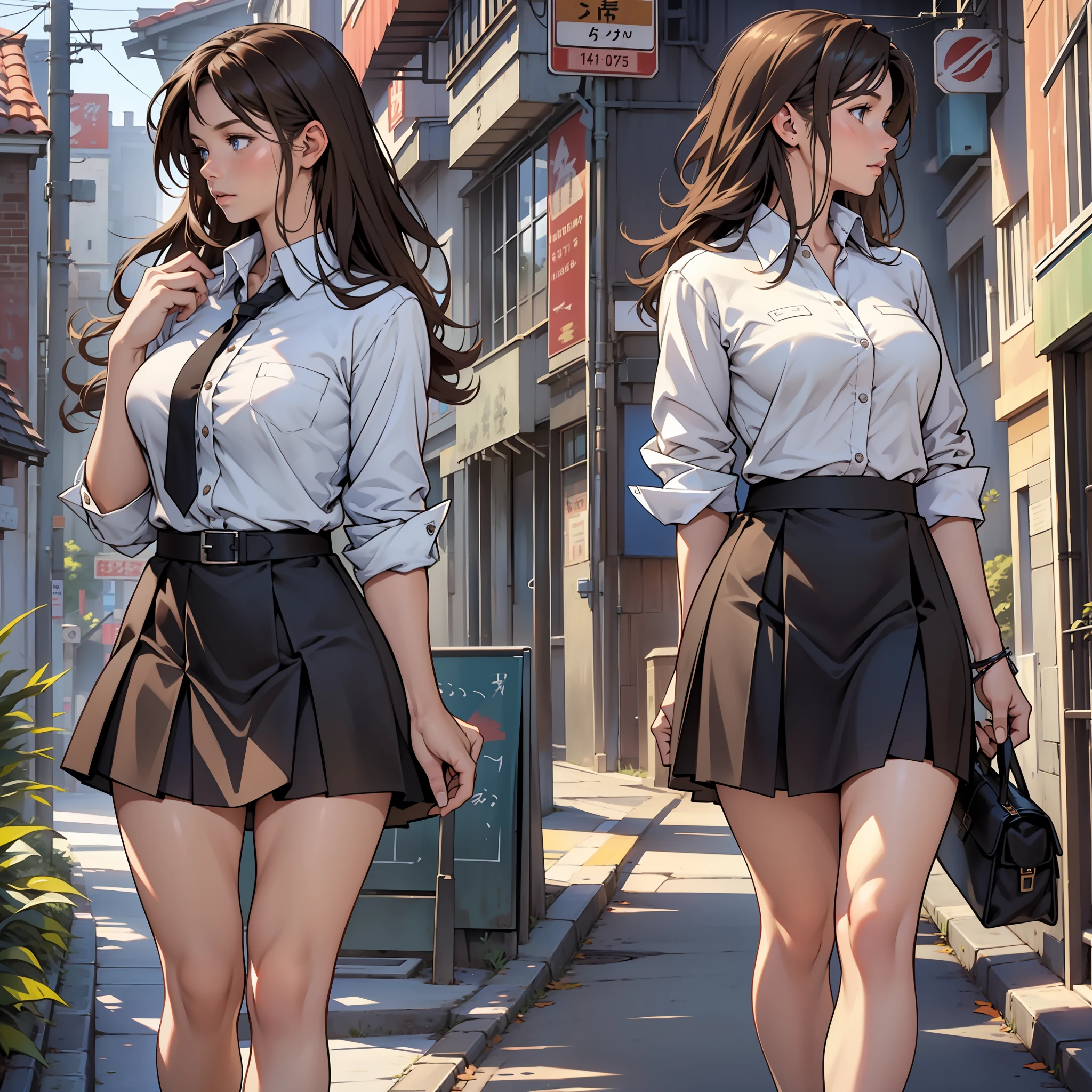 ((realistic: 1.5)),((best quality)), ((masterpiece)),((detailed)), profile girl, young,brown hair, fringed, blue eyes, side view, dress shirt, black skirt, walking, full body