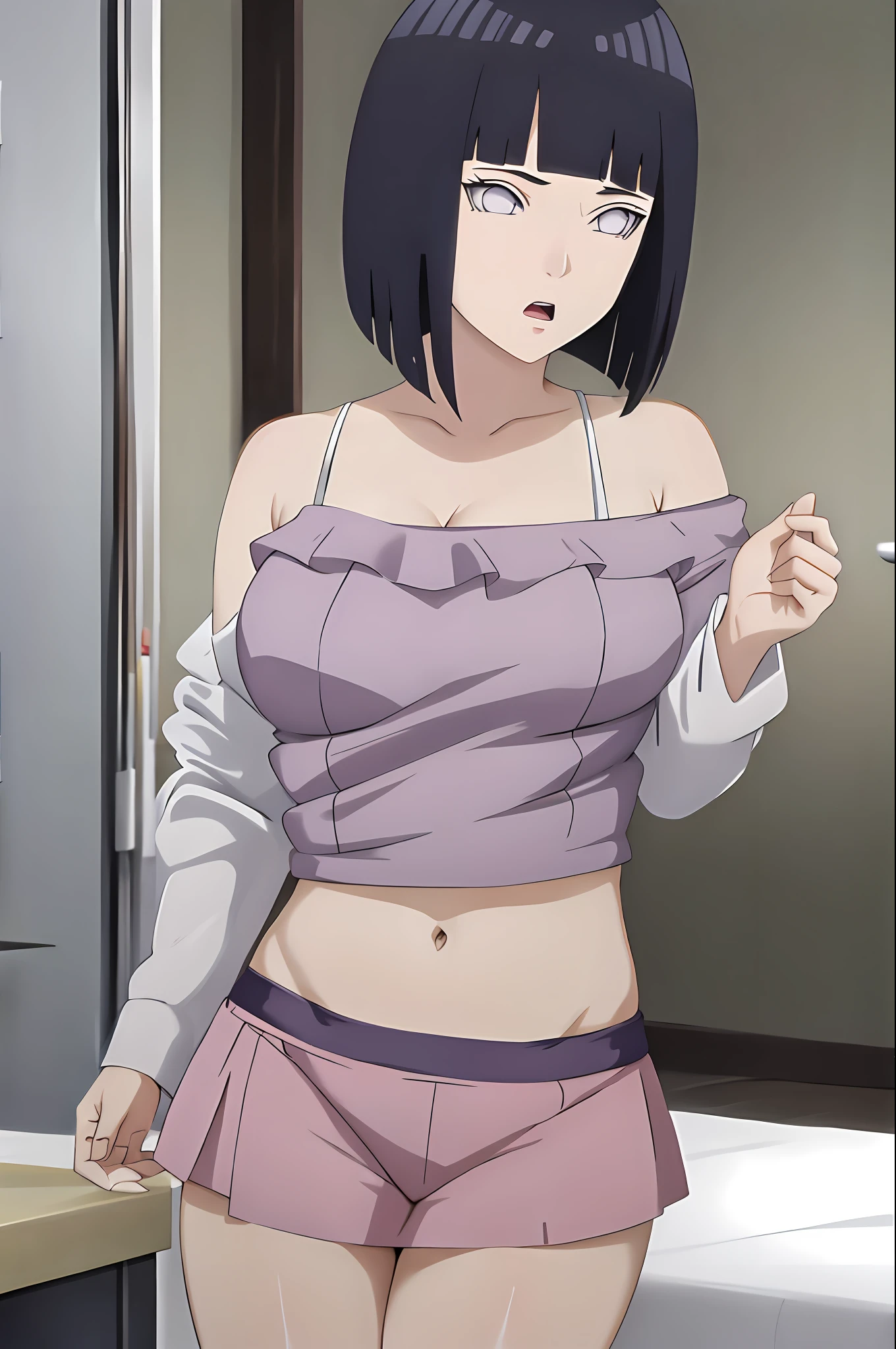 Masterpiece, Absurd, Hinata (Boruto), 1 girl, solo, ponytail, cleavage, groin, areola: o,