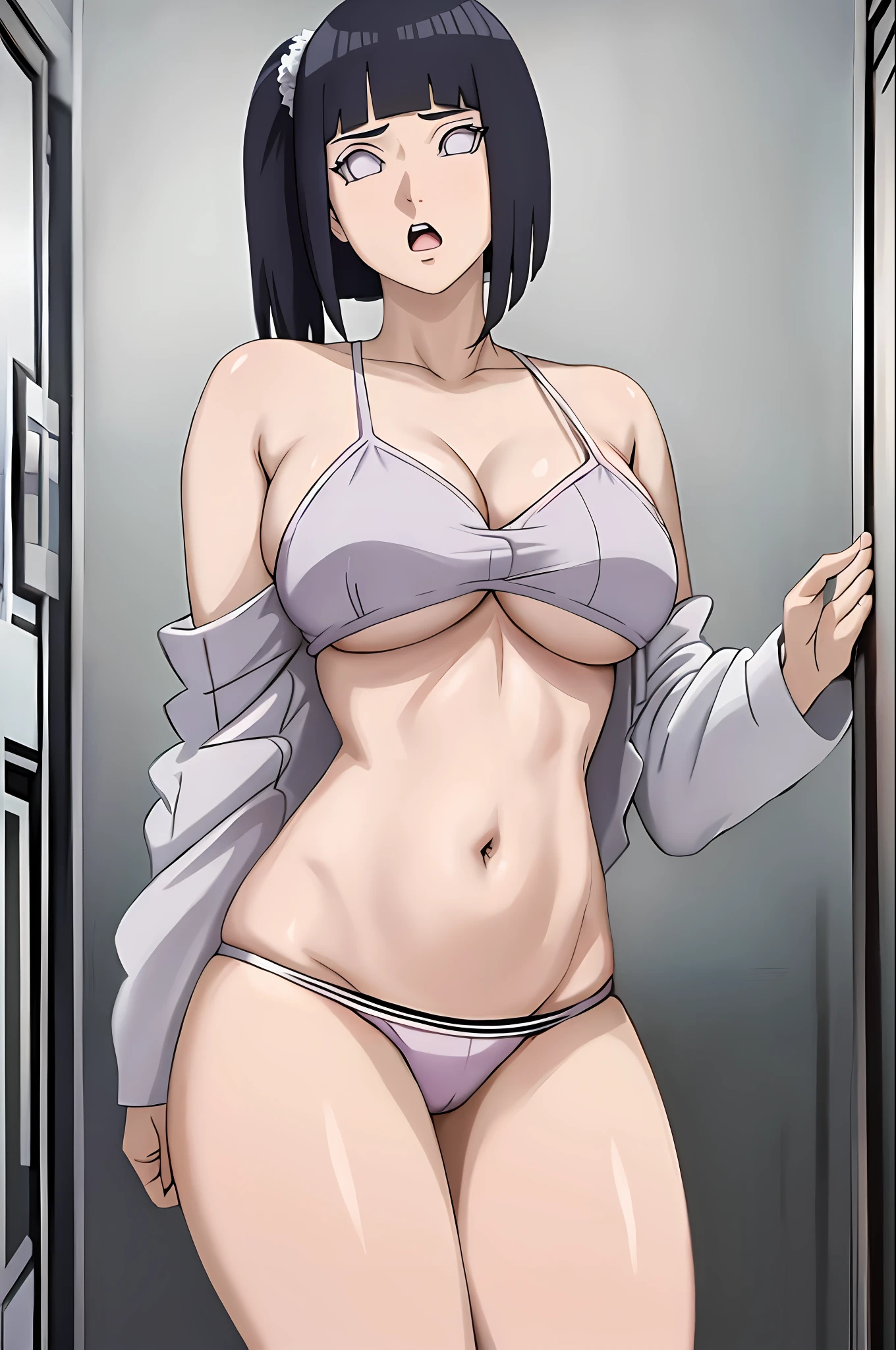 Masterpiece, Absurd, Hinata (Boruto), 1 girl, solo, ponytail, cleavage, groin, areola: o,