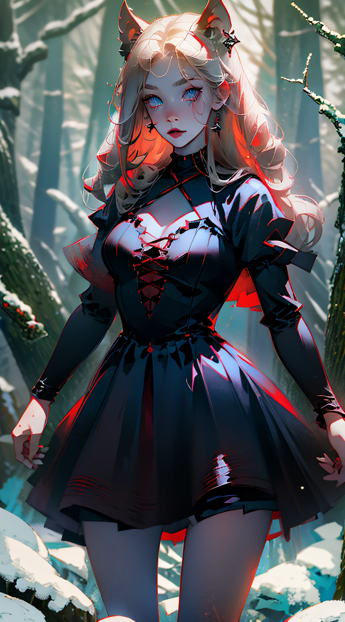 Little Red Riding Hood Blonde Hair, Blue Eyes, Pale Face, Dark Look, Gothic Style, Red Bikini Dress, Full Body, Stepping on Blood, In a Dark Dead Forest, Rendered 3D Image, High Quality, Well Detailed --auto --s2