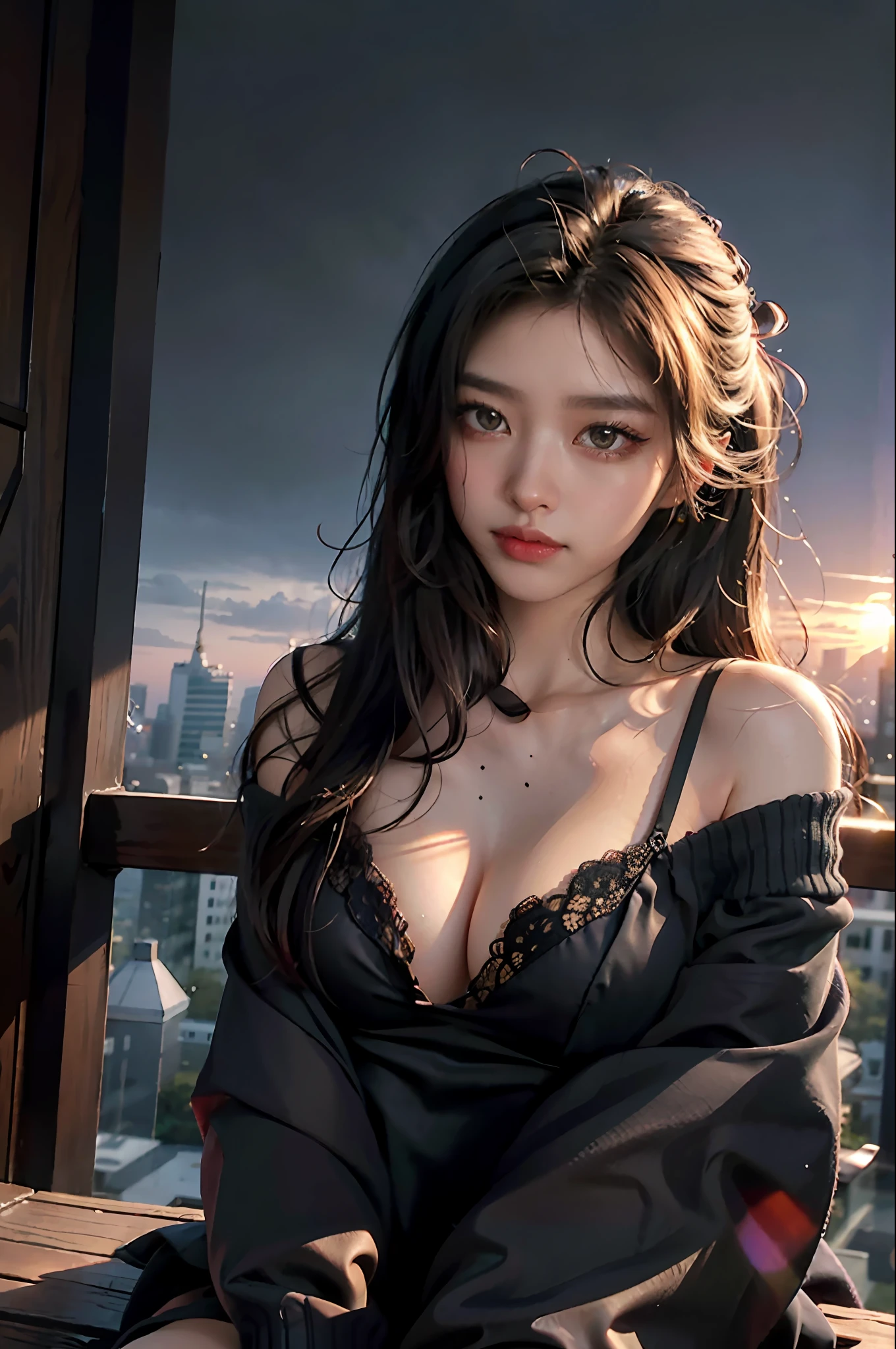 (dark scene, soft lighting, high saturated):1.4, vivid illumination, enchanting elegance, atmospheric depth, masterful technique, naturalistic representations, harmonious composition, creative refinement, striking juxtapositions,
(1girl, young beauty), sitting, smile, from above, sharp focus, oversized_sweater, shoulder,
,profile,((sunset)),volumetric fog, outdoors,