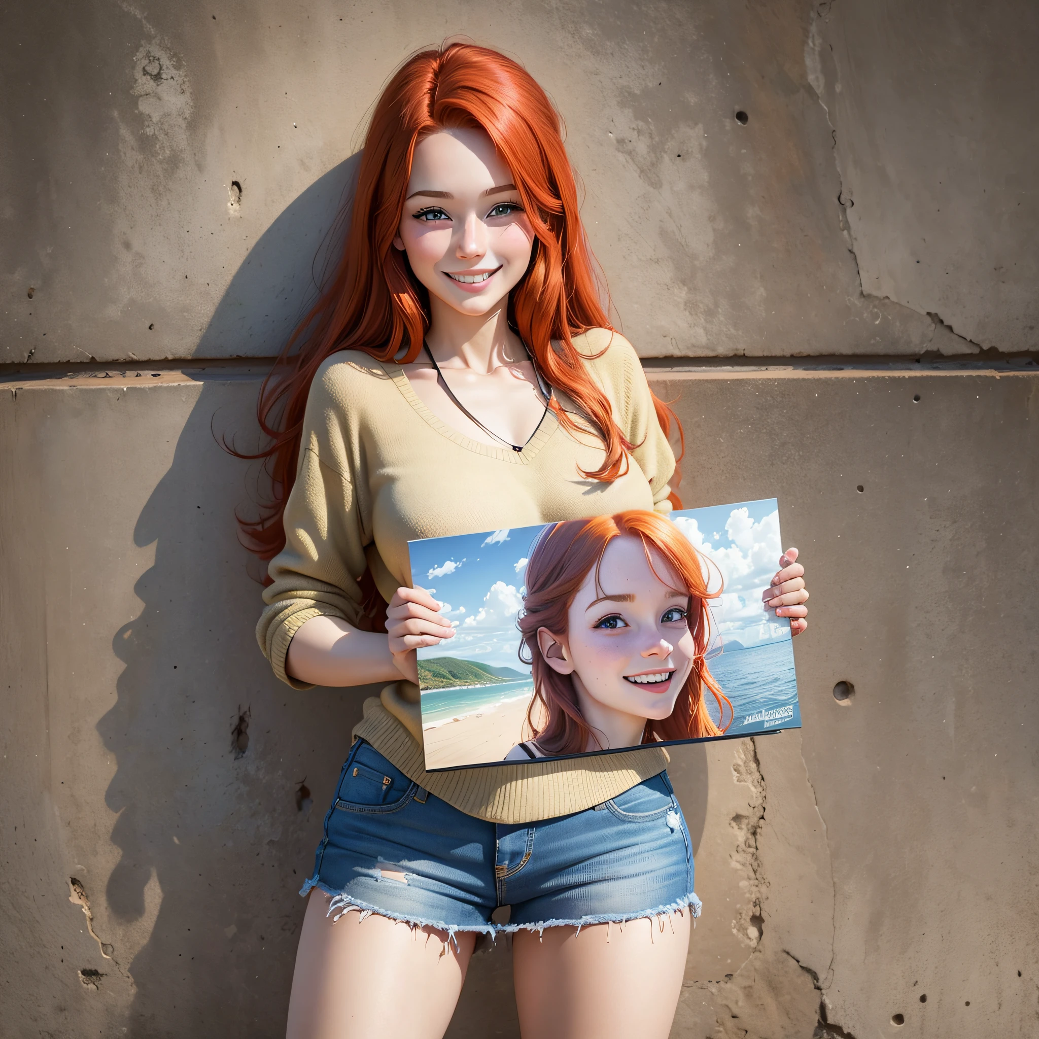 Young 18 year old redhead girl, beautiful smile holding blank board with hands and showing board, ultra realistic photo, cartoon style image. --auto --s2