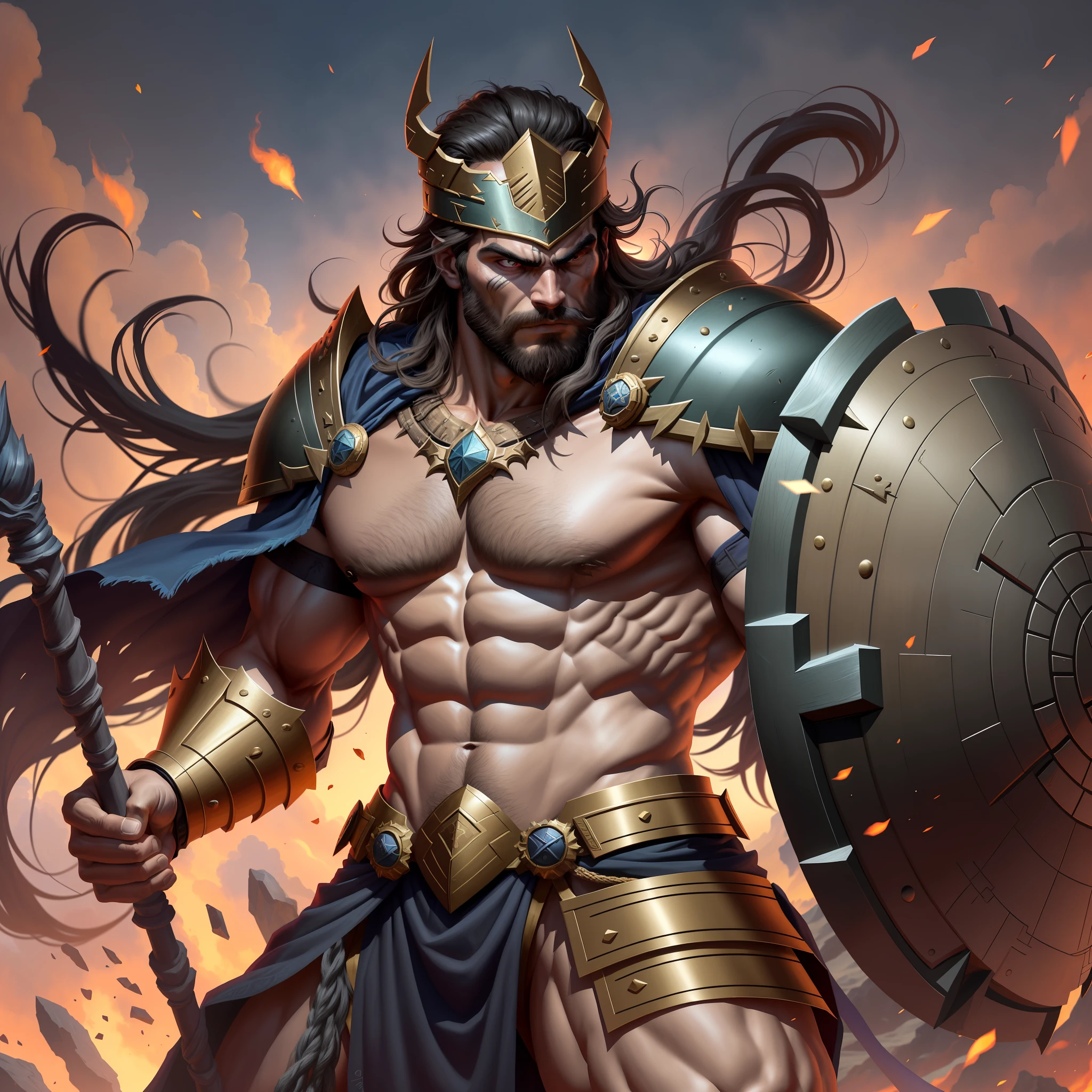 Eumelos, the fearless Greek hero, possesses an imposing and robust appearance. He has an average height, but his posture is firm and athletic, showing his strength. His dark, unkempt hair gives him a wild look, and his piercing gaze reveals determination and courage. A tight, well-groomed beard adorns his face, emphasizing his masculinity and maturity.
His skin is tanned, testimony to the many hours he spent under the scorching sun during his battles at sea. Marks and scars adorn his body, showing the courage and endurance he has shown throughout his adventures.
Eumelos is dressed in imposing Spartan armor, which protects him in battle. His spartan helmet, with a red mane, adds a touch of ferocity to his appearance. He wields a long spear and shield, symbols of his skill in combat. His every move is full of grace and dexterity, evidencing his experience as a warrior.
Overall, Eumelos emanates an aura of power and bravery, personifying the indomitable spirit of the Greek heroes.