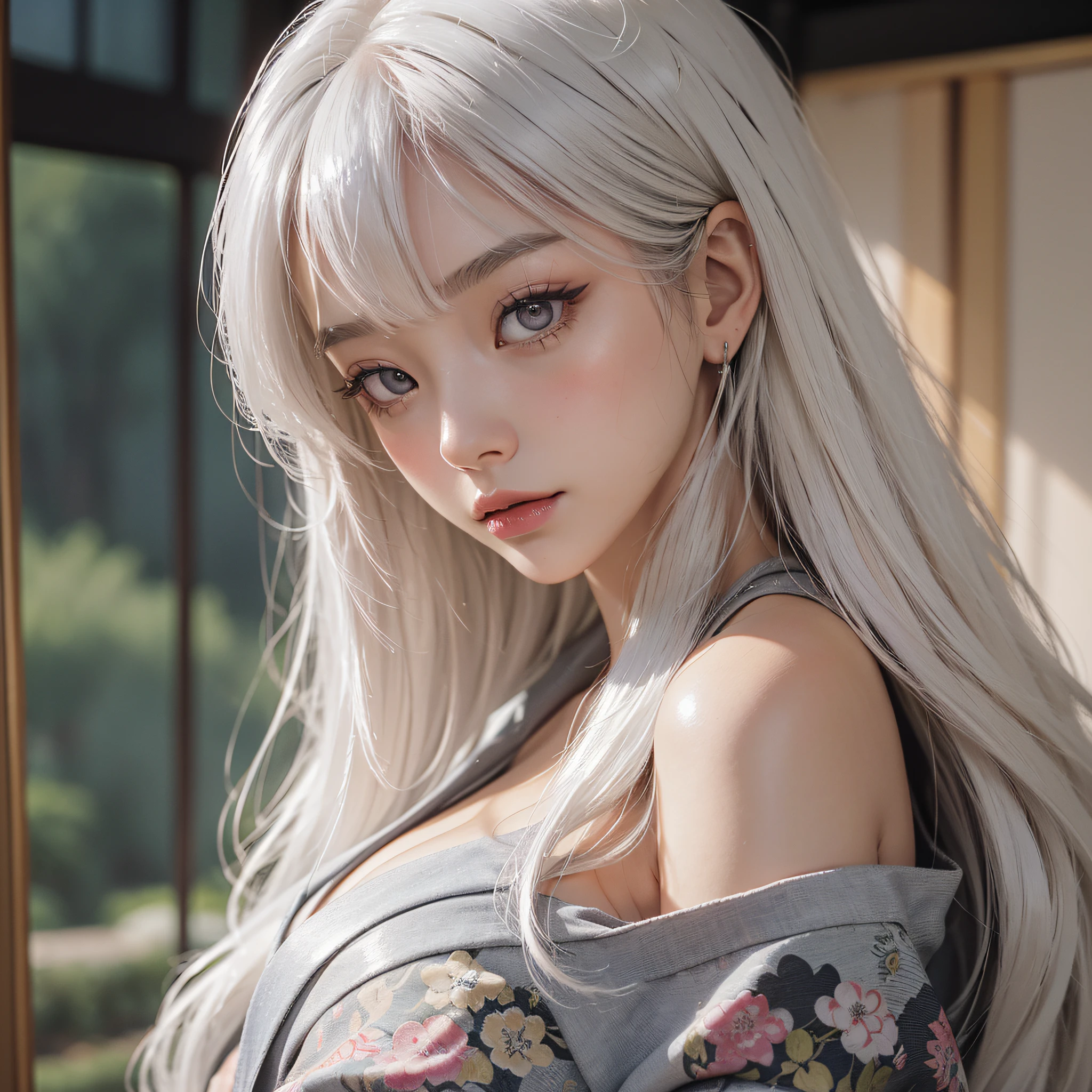 classic, (impasto), (photorealistic: 1.3), (painting), (realistic:1.3), (sketch), portrait, world masterpiece theater, 1 Japanese girl, ((long white hair, black eyes, wide eyes, bangs, long eyelashes, lipstick: 1.3, most detailed)), (bright eyes, Eye reflex, blush: 2), ((((shiny skin: 2))))), (printed kimono, exposed cleavage, exposed shoulders, side shot, upper body close-up, looking to the camera), ((medium breasts): 1.2), solo focus, indoor background, background blur