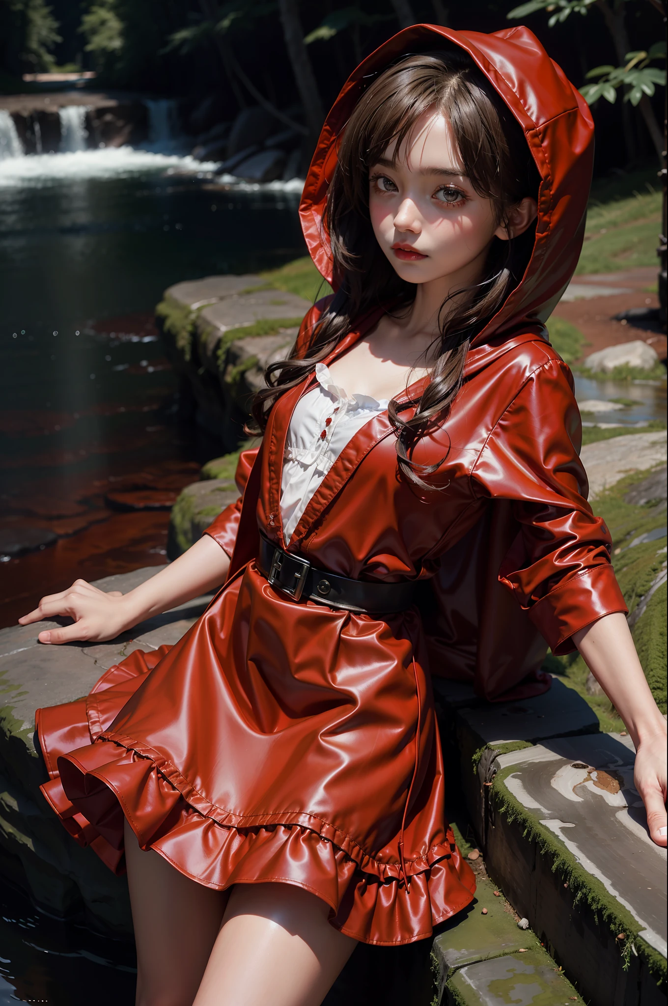 8-year-old girl, curly hair, conservatively dressed, Little Red Riding Hood, Grimm's fairy tale, red hoodie, hood, white shawl, shorts, creek, rocks, character focus, Tyndall effect, cinematic lighting,