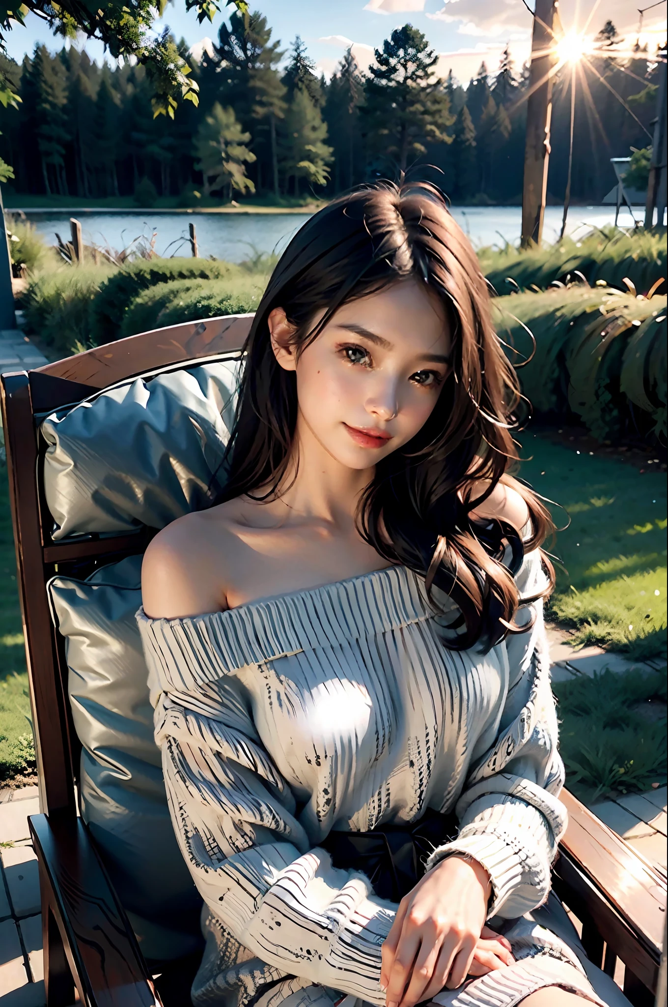 (dark scene, soft lighting, high saturated):1.4, vivid illumination, enchanting elegance, atmospheric depth, masterful technique, naturalistic representations, harmonious composition, creative refinement, striking juxtapositions,
(1girl, young beauty), sitting, smile, looking at viewer, from above, sharp focus, oversized_sweater, shoulder,
((sunset)),volumetric fog, outdoors, backlight
