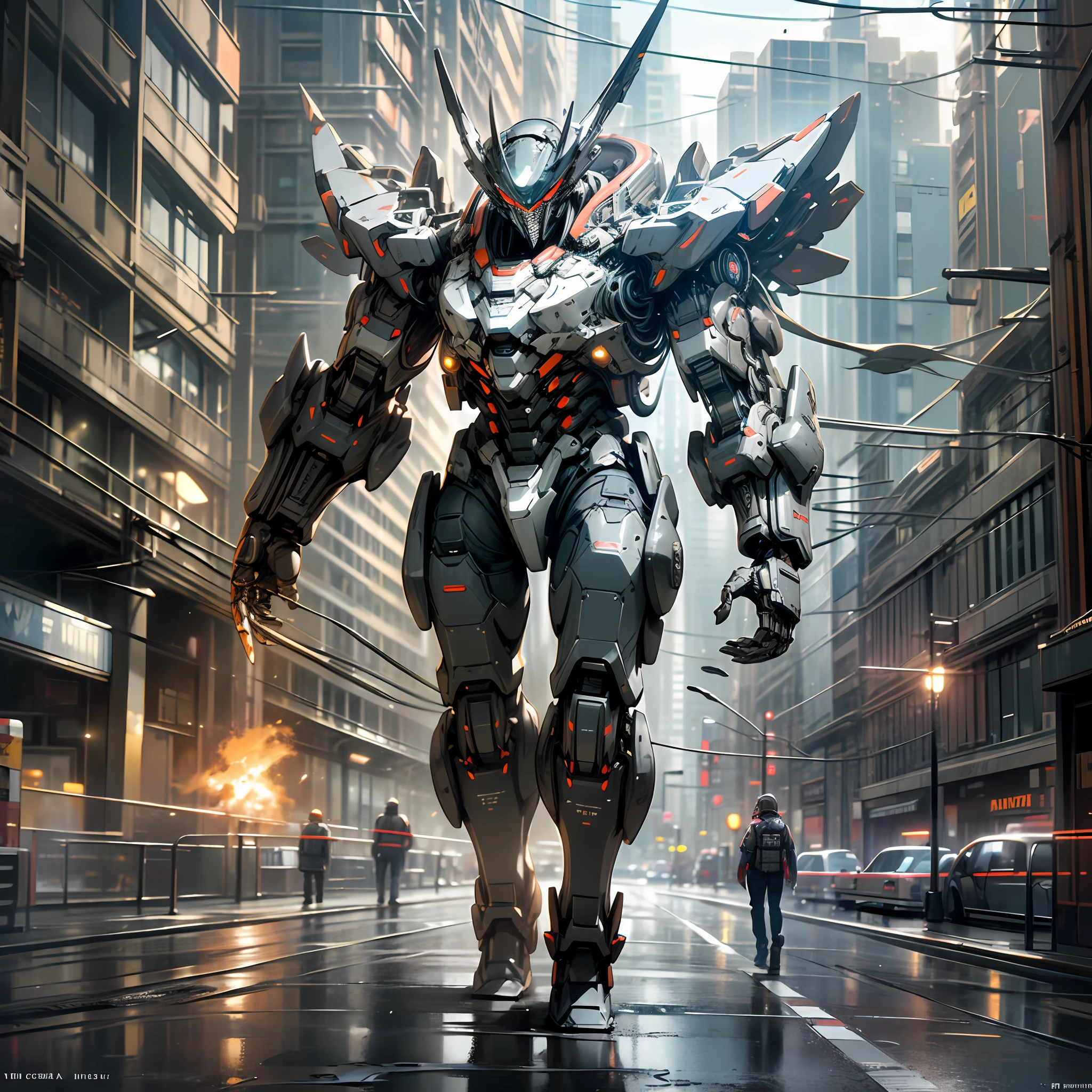 Ultra-Realistic Giant Humanoid Robot its black cobalt rocket fist, emitting fire in its takeoff, silver and cobalt black in its arms and legs, on songs a red flap showing electronic and Mechanical Parts, walking in the city, [Humanoid Robots Shows Mechanical, Electrical], ((giant robots))), 3D Digital, Hard Surface, Real-Time, VFX, Cinematic Lighting, ((Intricate)), Volumetric Light, Artstation, Octane Render, ((Highly detailed)), ((intricate details))), (Hyper detailed), (Uncovered partial robot), Sharp Focus, UHD, HDR, Masterpiece, 8k -V3 --auto --s2