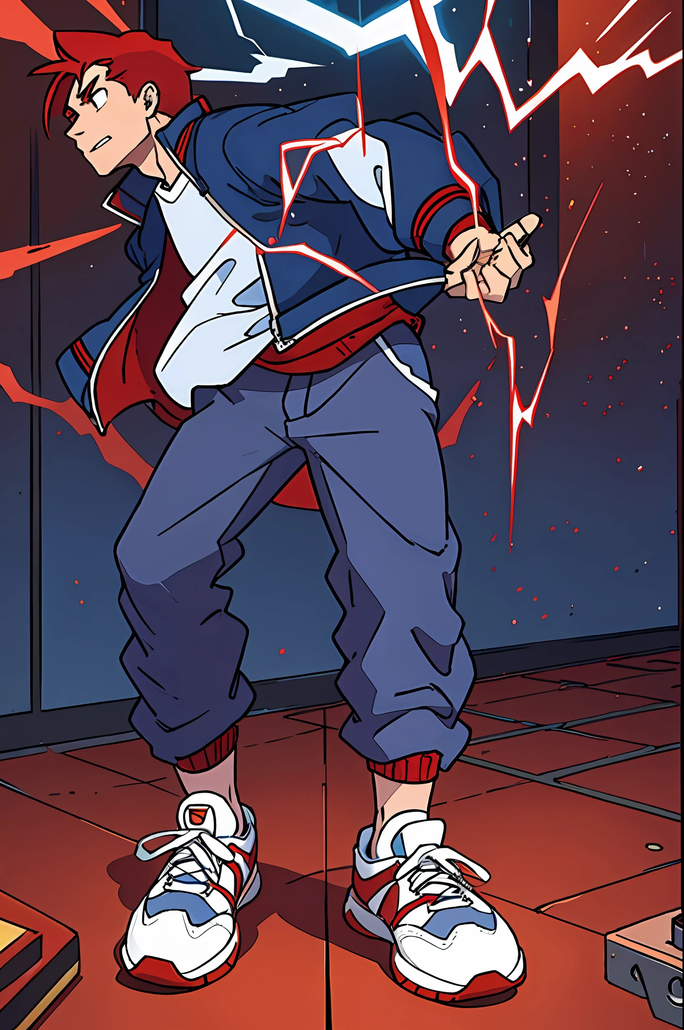 a guy with red hair, with electrical powers, with a navy blue jacket with a white shirt underneath, brown pants, and jordan sneakers