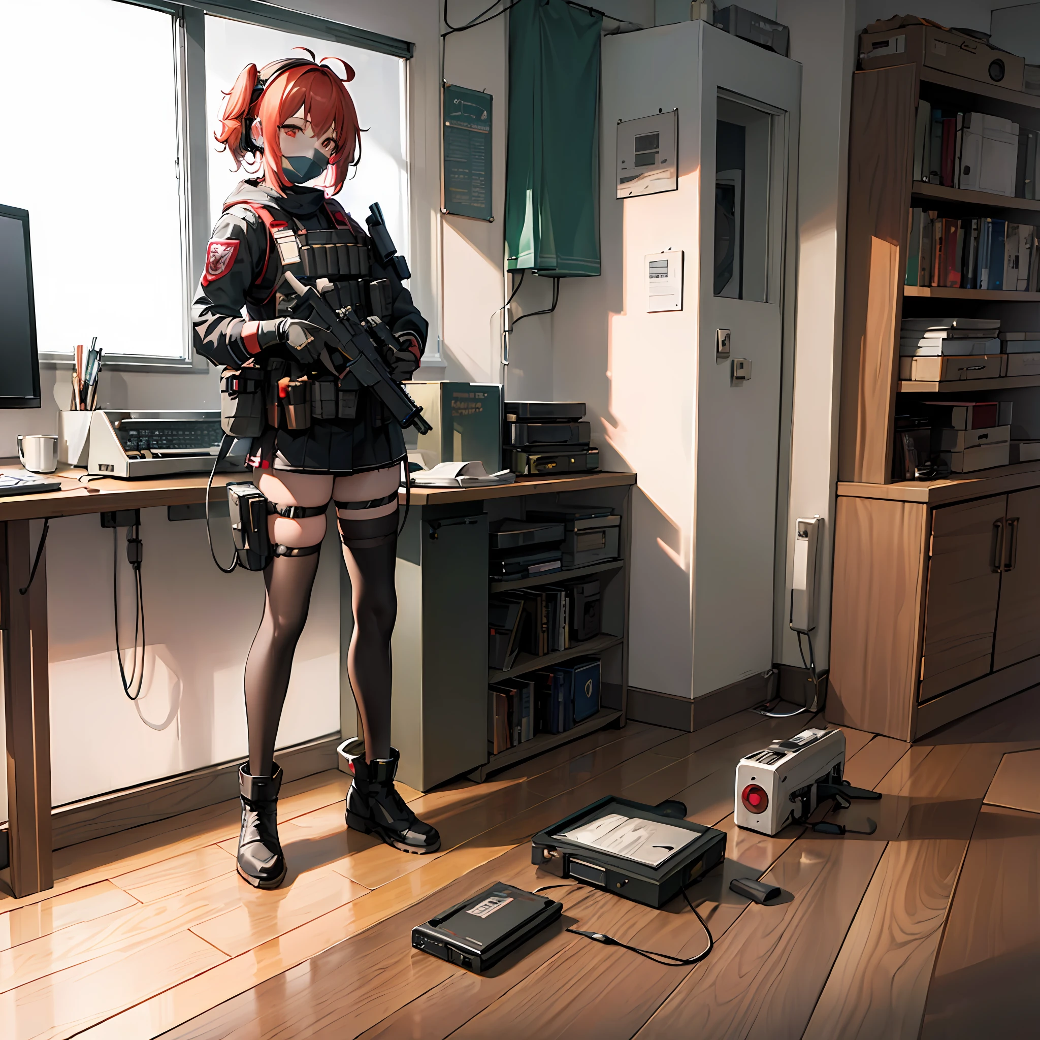((high quality)), ((masterpiece)), 8k, home, bulletproof vest red, rays of light, 8k wallpaper of extremely detailed CG unit, cg game, looking at the viewer, gloves, boots, full body, watch, computer, mask, drone, holding gun, headphones, raining