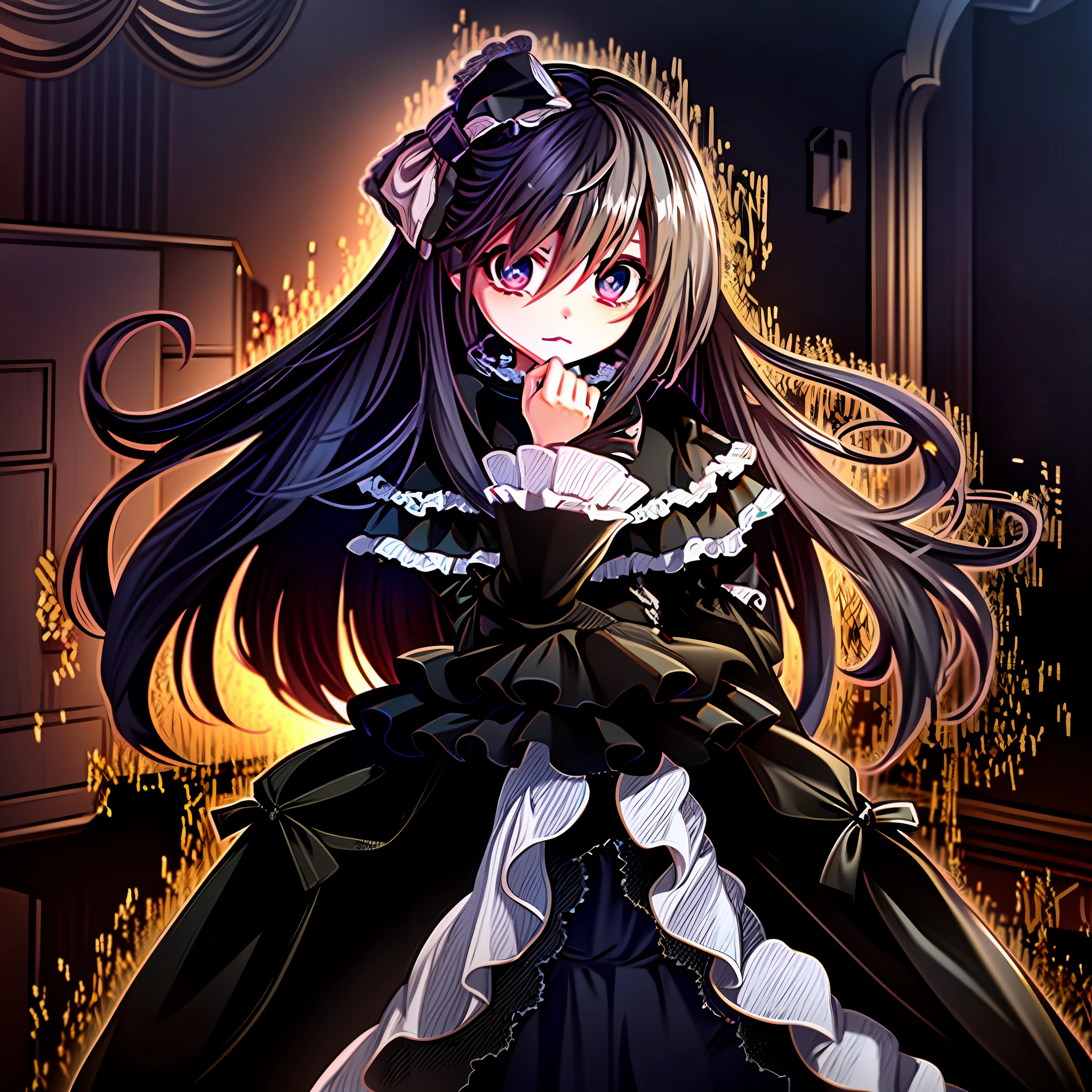 anime girl in a black and white dress with a long hair, gothic maiden anime girl, portrait of magical lolita girl, loli in dress, anime girl wearing a black dress, mysterious girl, an elegant gothic princess, portrait of lolita, victorian gothic lolita fashion, nightcore, gothic maiden, marisa kirisame, lolish, anime girl in a maid costume