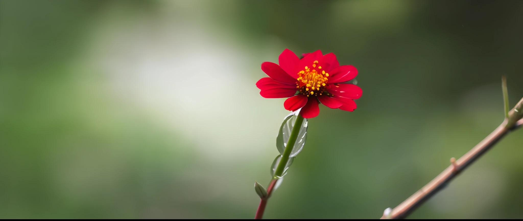 ClassicNegative, (low angle) a small red flower after rain, macro photography with raindrops on flowers, summer, green leaves, (tree with green trunk) in background, 200mm 1.4f, sharp focus, cinematography