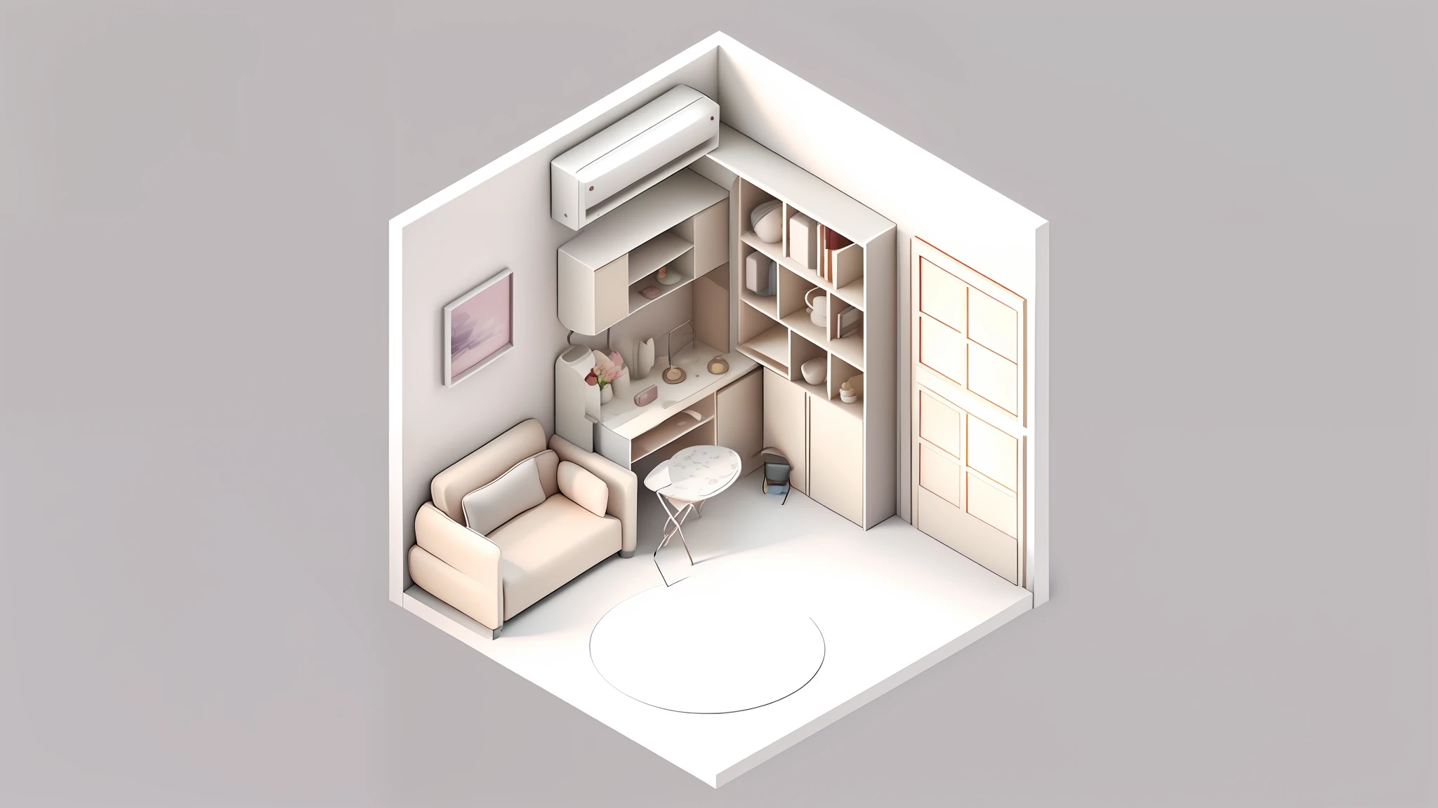 Small and warm close-up of the interior of the dollhouse, there are many beds and desks, 3D fantasy rendering is vivid and cute, vibrant warm living room, Atey Ghailan style isometric illustration leisurely, Atey Ghailan 8K ultra-clear picture, warm color scheme gives artistic interpretation, perfect isometric house with warm theme.