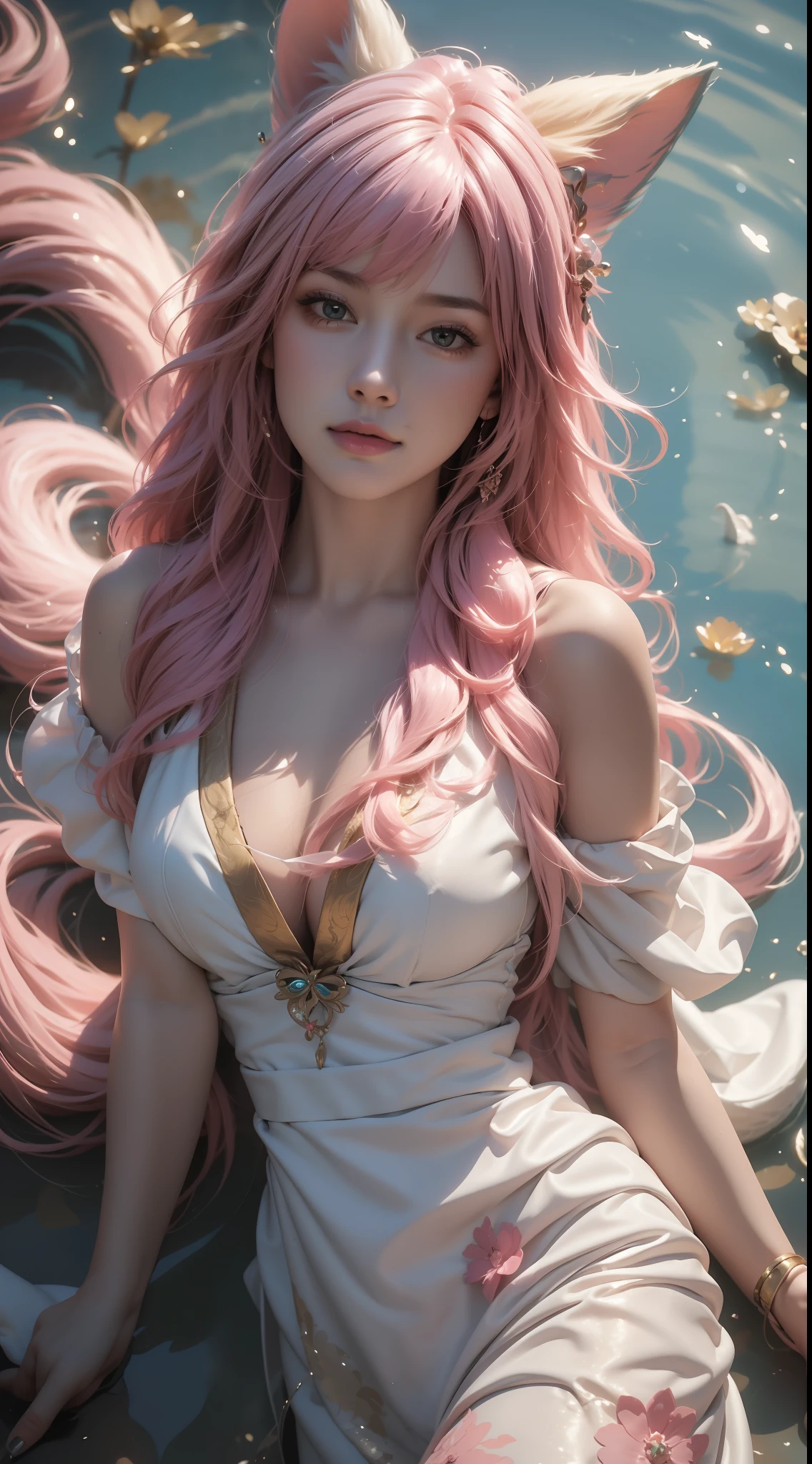 Master masterpiece, the best picture quality, astonishing realism (realism 1.4), (((a breathtakingly beautiful girl))), superb figure, slightly fat, with pink hair, delicate facial features, charming shoulders, dressed in pink, white and blue costumes, drawing angles vividly, depicting her lying gently in a waterhole, surrounded by koi, flowers, petals, furry nine-tailed fox, the details are extremely detailed, making people immersed in it.