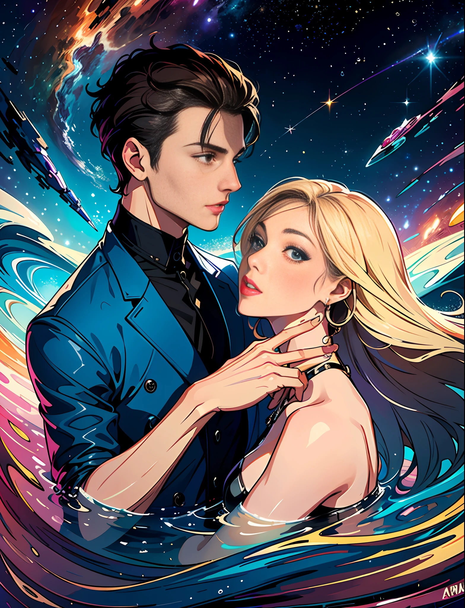 close-up of the most beautiful beautiful woman and man, stylish, fashionable, perfect, elegant tenderness, trendy artstation, Romance, Passion, Cool, Lovers, Lovers, Touch, Weasel from the galaxy of stars underwater, Hyperdetailed, Retrofuturistic, Abstract art, Art by Leonid Afremov, Kandinsky, Psychedelic --v 6
