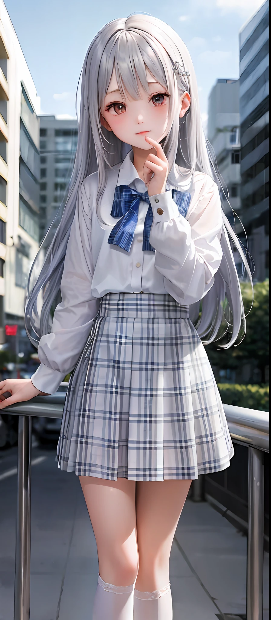 1girl, (masterpiece:1.1), (best quality:1.1), (white blouse:1.1), (plaid skirt:1.1), school uniform, high waist skirt, BREAK [blue:pink:0.5] theme, (Urban Background: 1.1), denim lens, BREAK silver hair, long hair, red eyes, delicate headdress, sideways, white stockings, shy, very cute