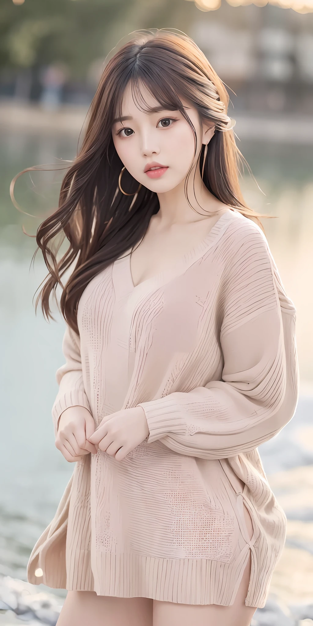 1girl walking on the river, mix4, sweater, pillow, lips, open_mouth, realistic, photo_\(medium\), solo, stuffed_animal, stuffed_toy, teddy_bear, (masterpiece), (realism: 1.3), super detailed, (High detail skin: 1.2), (Best quality: 1.0), (Ultra resolution: 1.0), (ULZZANG-6500: 0.3), wavy detail hair, long hair, sunshine, (beautiful detail makeup), (sexually aroused blush, heavy breath: 1.0), floral theme petals scattered, (soft light bloom: 0.5)
