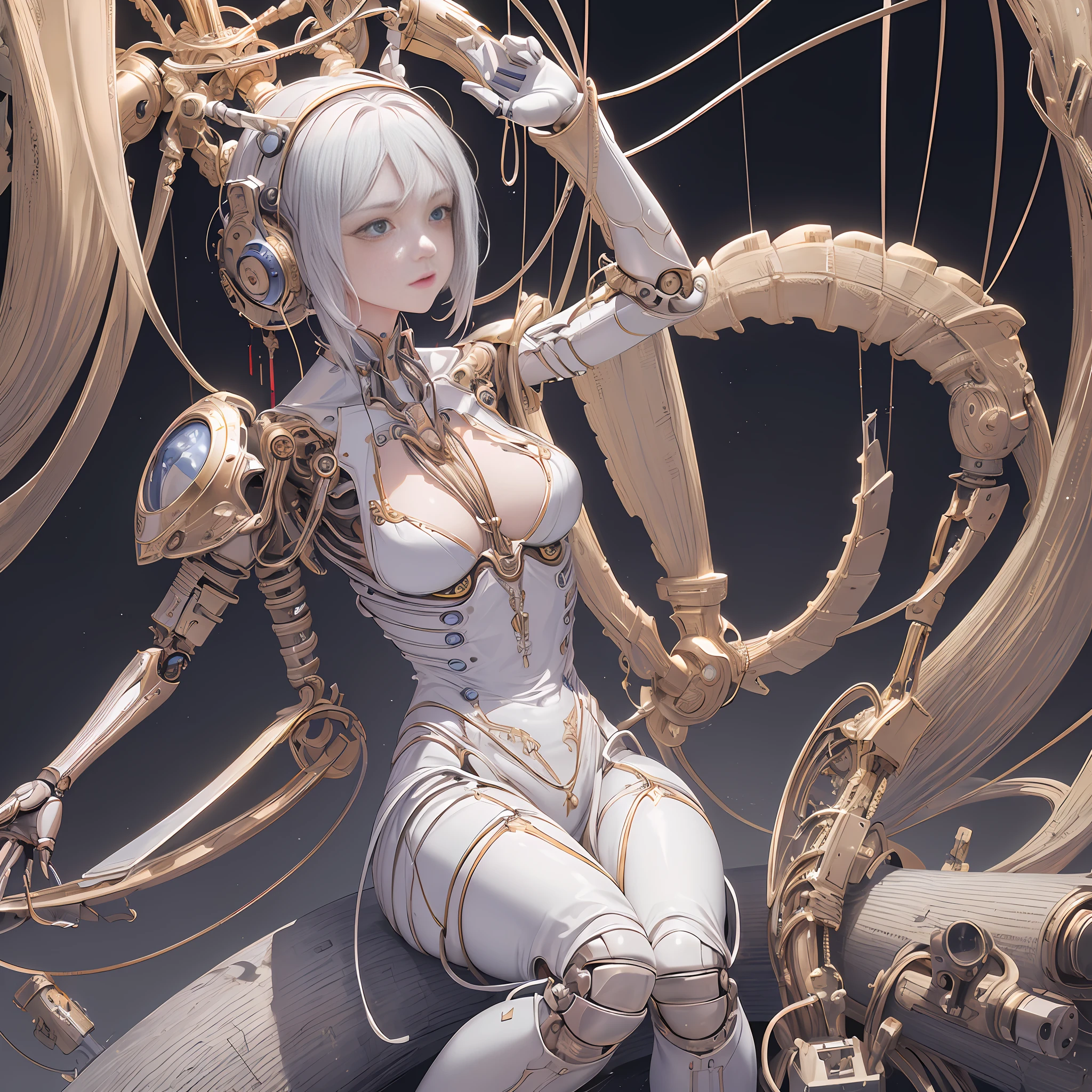 (((Masterpiece)))), (((highest quality)))), ((Ultra Definition)), (High Definition CG Illustration), (Very delicate and beautiful)), (from the side), Cinematic light, (((1 Mechanical Girl)), Solo, Whole body, (Mechanical joints: 1.2), (Mechanical limbs)), (Blood vessels connected to tubes), (Mechanical spine attached to the back), ((Mechanical cervical vertebrae attached to the neck)), (sitting), expressionless, (wires and cables attached to the neck: 1.2), (wires and cables on the head: 1.2) (character focused), science fiction, highly detailed, colorful, most detailed,