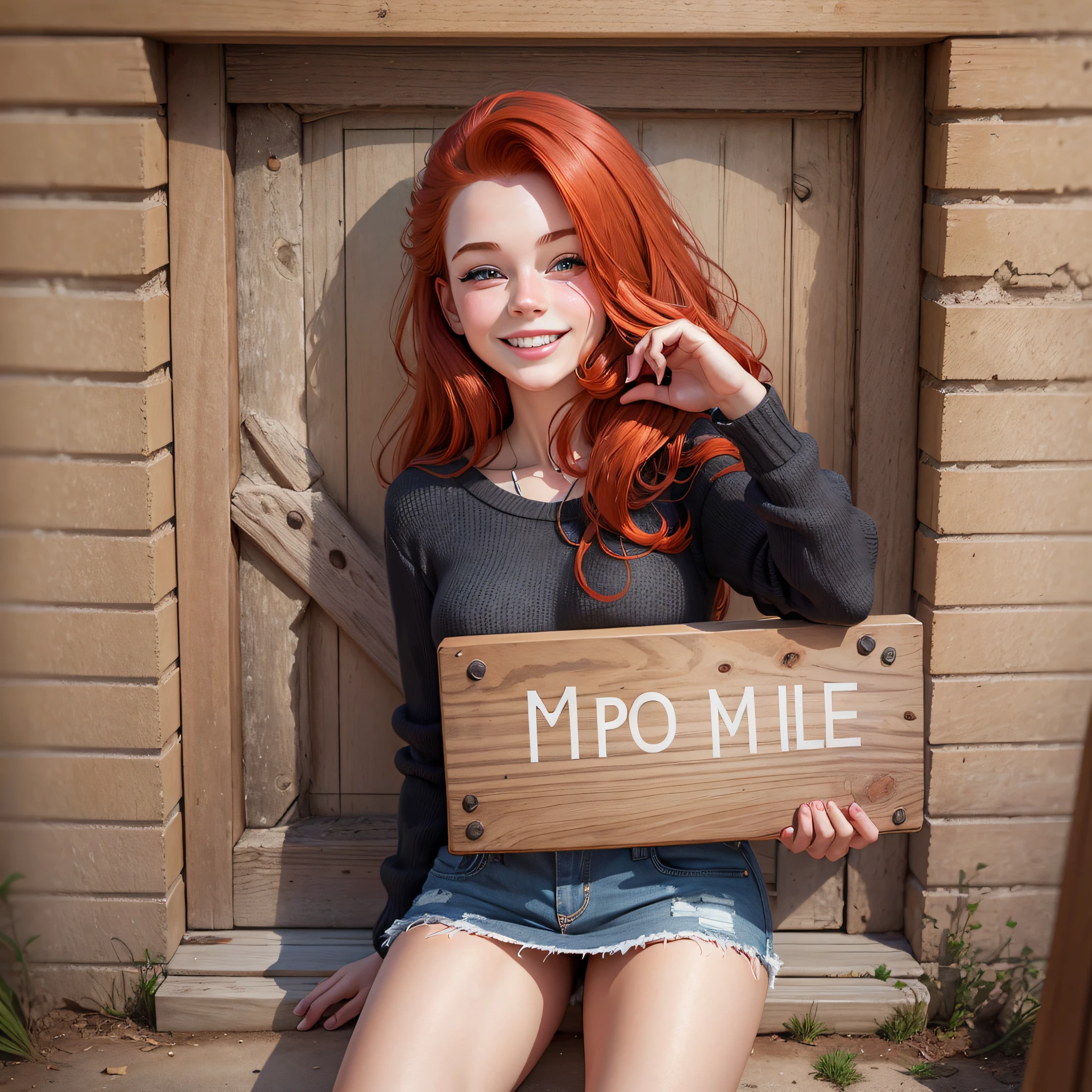 Young 18 year old redhead girl, beautiful smile holding blank board with hands and showing board, ultra realistic photo, cartoon style image. --auto --s2