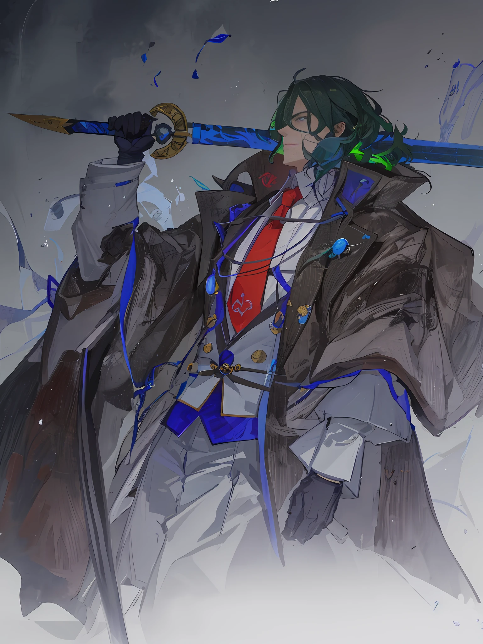 drawing of a man with a sword and a suit on, inspired by Okumura Masanobu, unknown artstyle, guilty gear art style, inspired by Yamagata Hiro, inspired by Kamisaka Sekka, inspired by Manabu Mabe, masamune shiro, inspired by Tsukioka Yoshitoshi, inspired by Max Magnus Norman