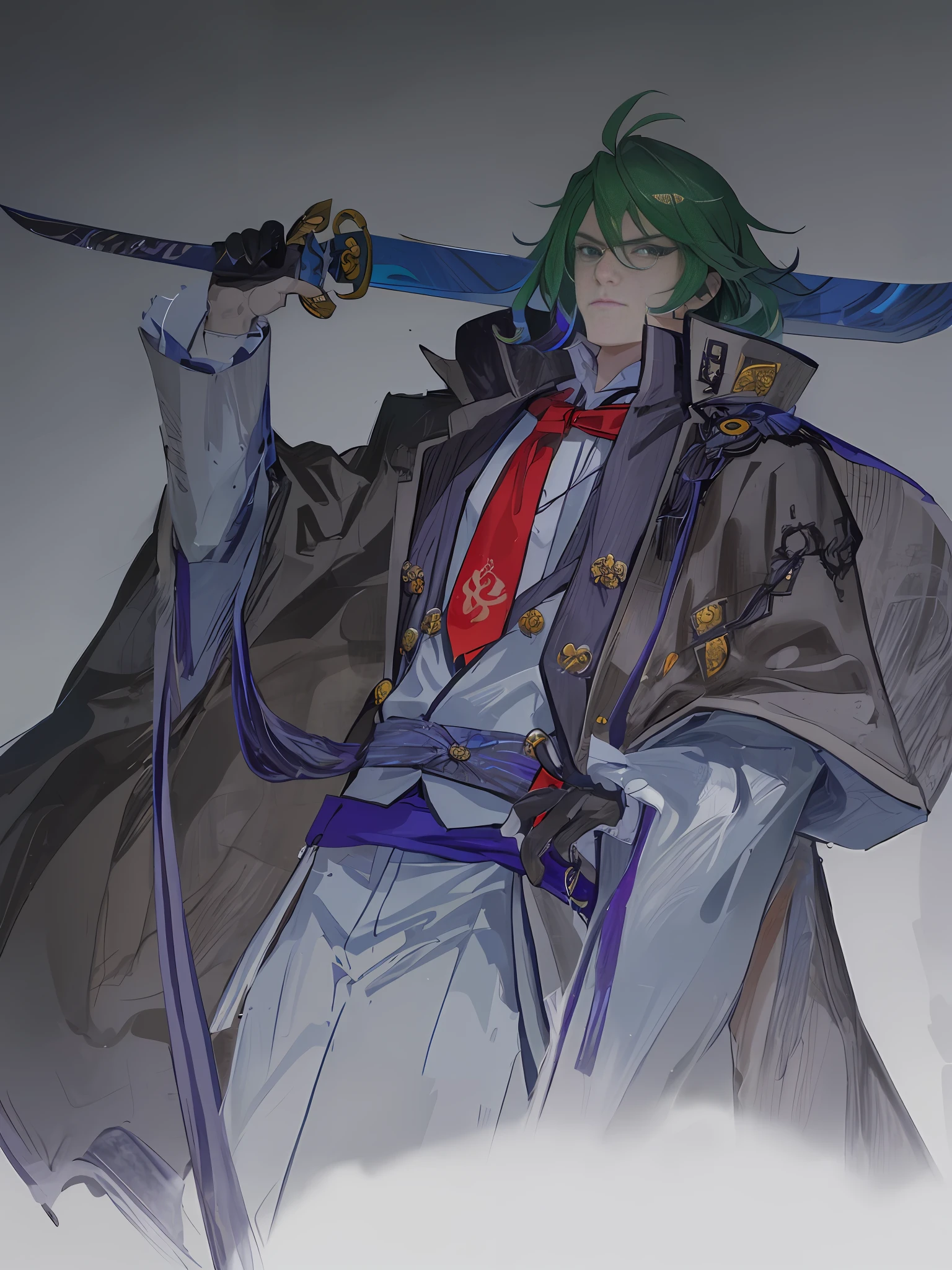 drawing of a man with a sword and a suit on, inspired by Okumura Masanobu, unknown artstyle, guilty gear art style, inspired by Yamagata Hiro, inspired by Kamisaka Sekka, inspired by Manabu Mabe, masamune shiro, inspired by Tsukioka Yoshitoshi, inspired by Max Magnus Norman