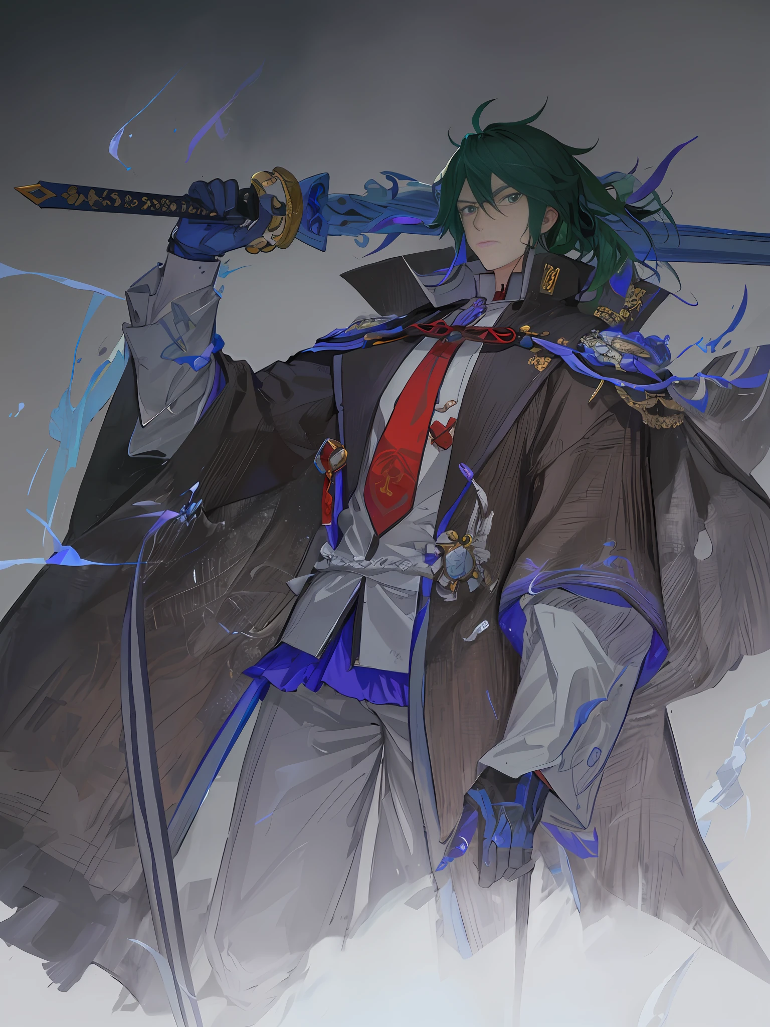 drawing of a man with a sword and a suit on, inspired by Okumura Masanobu, unknown artstyle, guilty gear art style, inspired by Yamagata Hiro, inspired by Kamisaka Sekka, inspired by Manabu Mabe, masamune shiro, inspired by Tsukioka Yoshitoshi, inspired by Max Magnus Norman