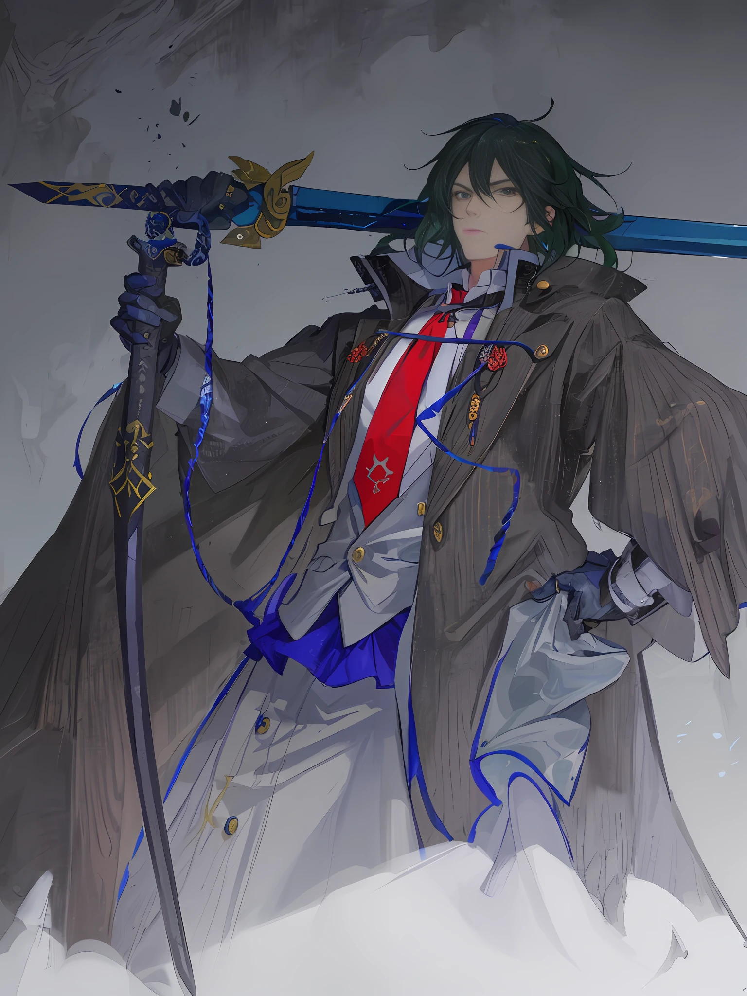 drawing of a man with a sword and a suit on, inspired by Okumura Masanobu, unknown artstyle, guilty gear art style, inspired by Yamagata Hiro, inspired by Kamisaka Sekka, inspired by Manabu Mabe, masamune shiro, inspired by Tsukioka Yoshitoshi, inspired by Max Magnus Norman