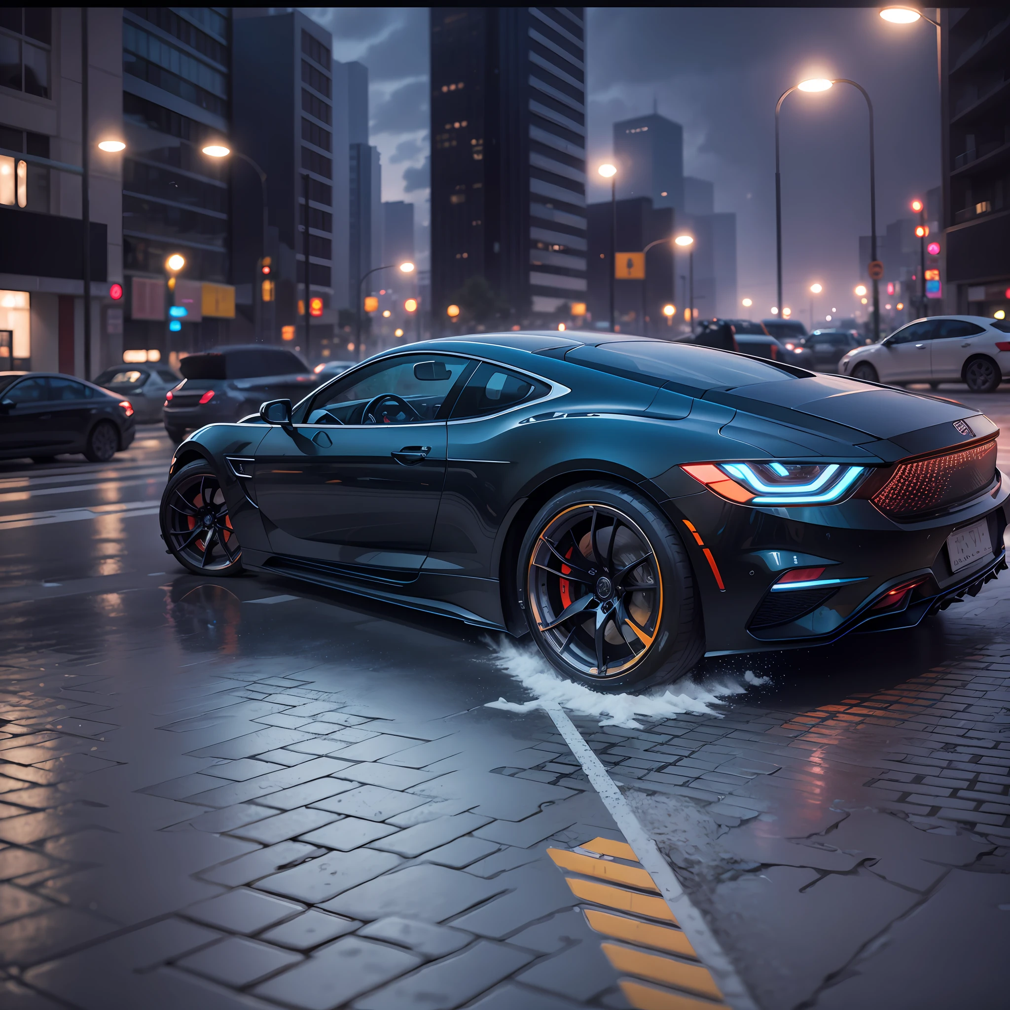 A photograph captured with a wide-angle lens shows an incredibly modern street on a rainy night. The street exudes elegance and sophistication with its clean lines and minimalist design. Creating a seamless and streamlined look. Pendant lights suspended with geometric designs illuminate the street. An excellent black car with blue lights, neon blue, natural light. The street is a perfect fusion of form and function. [Realistic Photography, Professional Color Ranked, 8K, F2.4, 35mm], Cinematic, Hyper-detailed, Insane details, Wonderfully colorful, Unreal Engine, DOF, Super-Resolution, Megapixel, Cinematic Lightning, Anti-Aliasing, FKAA, TXAA, RTX, SSAO, Post-processing, Post-Production, Tone Mapping, CGI, VFX, SFX, Insanely detailed and intricate, Hyper maximalist, Hyper realistic, Volumetric, Photorealistic, Ultra photoreal, Ultra-detailed, Intricate details, 8K, Super Detailed, Colorful, Volumetric Lightning, HDR, Realistic, Unreal Engine, 16K, Sharp Focus, Octane Rendering --auto --s2