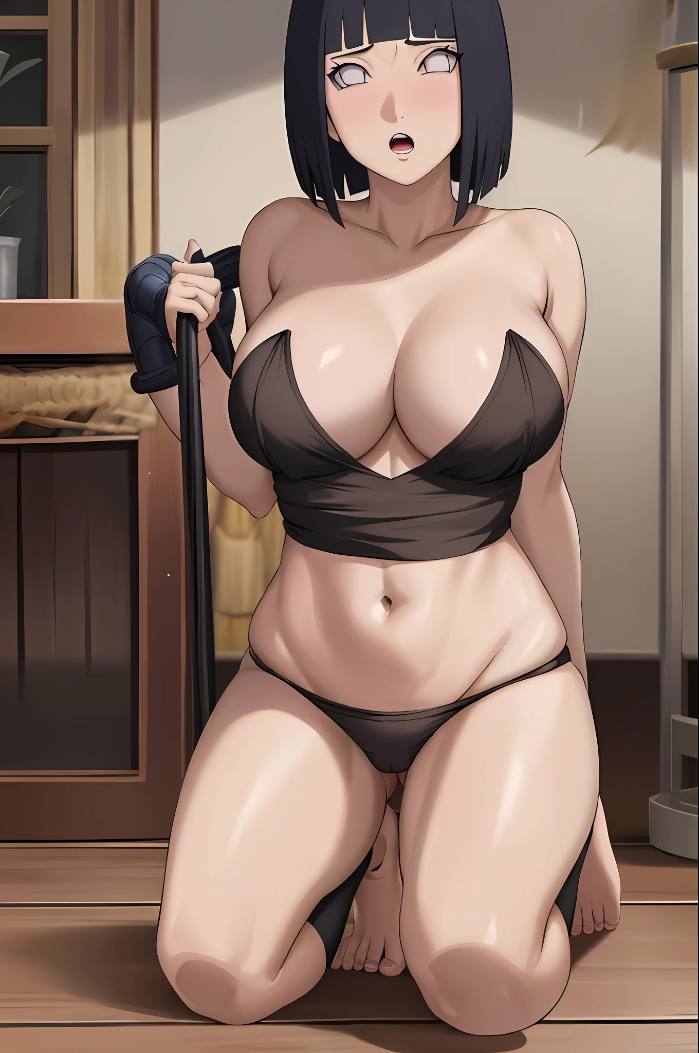 Masterpiece, absurd, Hinata \ (Boruto), 1 girl, solo, looking at the audience, blush, black tong, cleavage, groin, camel hooves, mons pubis, areola, show chest: o,