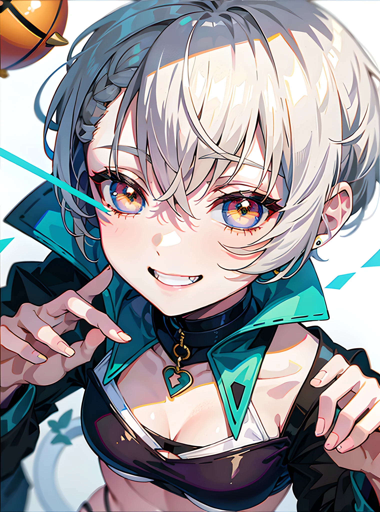 abstract 1998 european hiphop girl by sachin teng x supreme, attractive, stylish, designer, green, asymmetrical, geometric shapes, graffiti, street art,((Pixie cut)),((brown eyes color)),((honey eyes color)),(String Bikini),eyes make up, cat eyes eyeliner,shot from above,pokeh effect,(round face),((full shot)) short hair,silver hair, white hair,big smile,hands on back,background train,